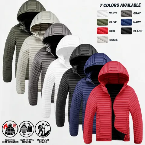 Men’s 2-in-1 Convertible Hooded Quilted Puffer Jacket, Full Zip Warm Outerwear Equipped with Zipper Side Pockets, Multiple Color Selections, Perfect for Outdoor Hiking, Camping and Daily Urban Street Outfits