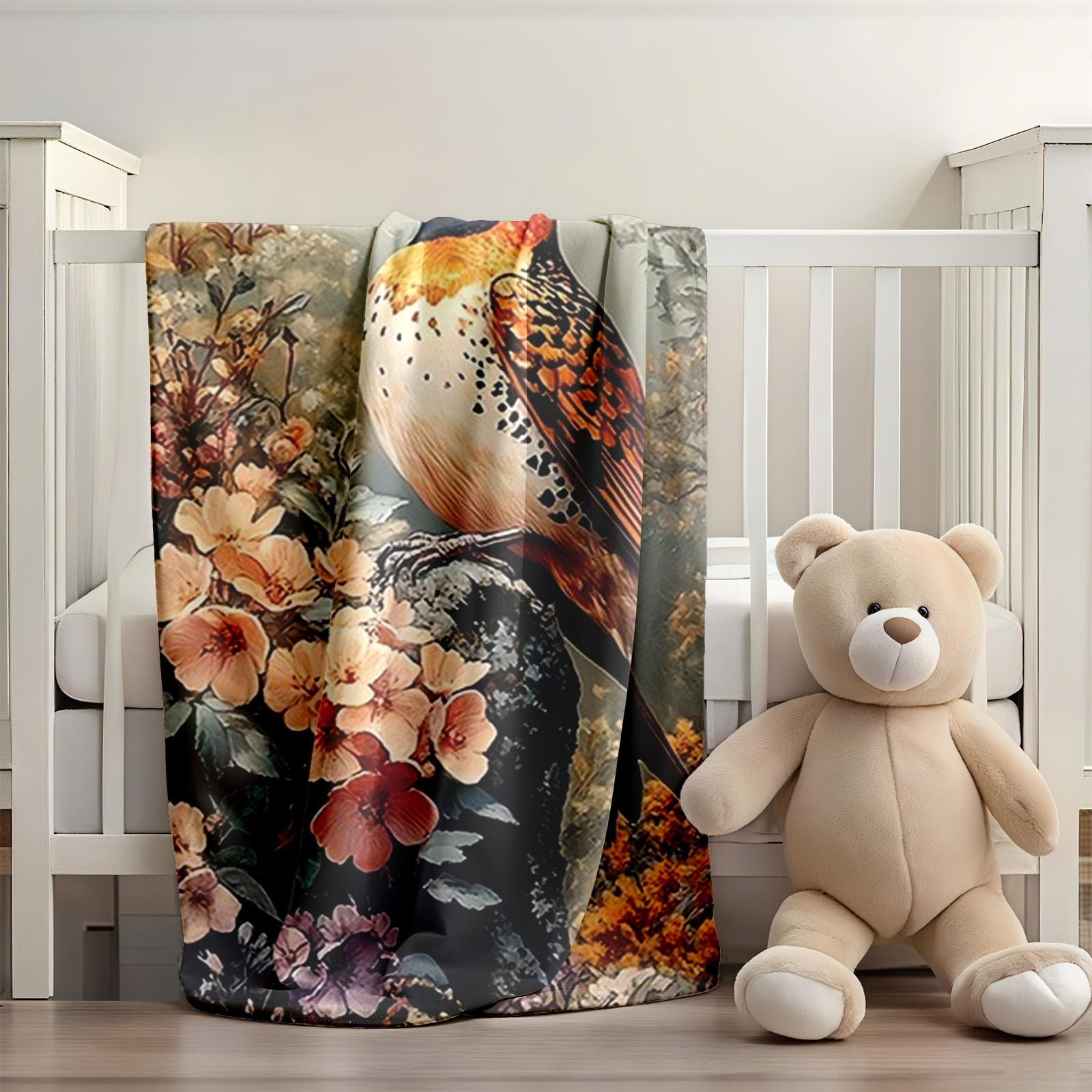 1 piece The natural beauty of a fulvetta perched amid the blossoms themed flannel blanket - Flannel weaving craft blanket, modern style, suitable for sofas and beds, all-season use, super soft and warm, digital print design, 100% polyester