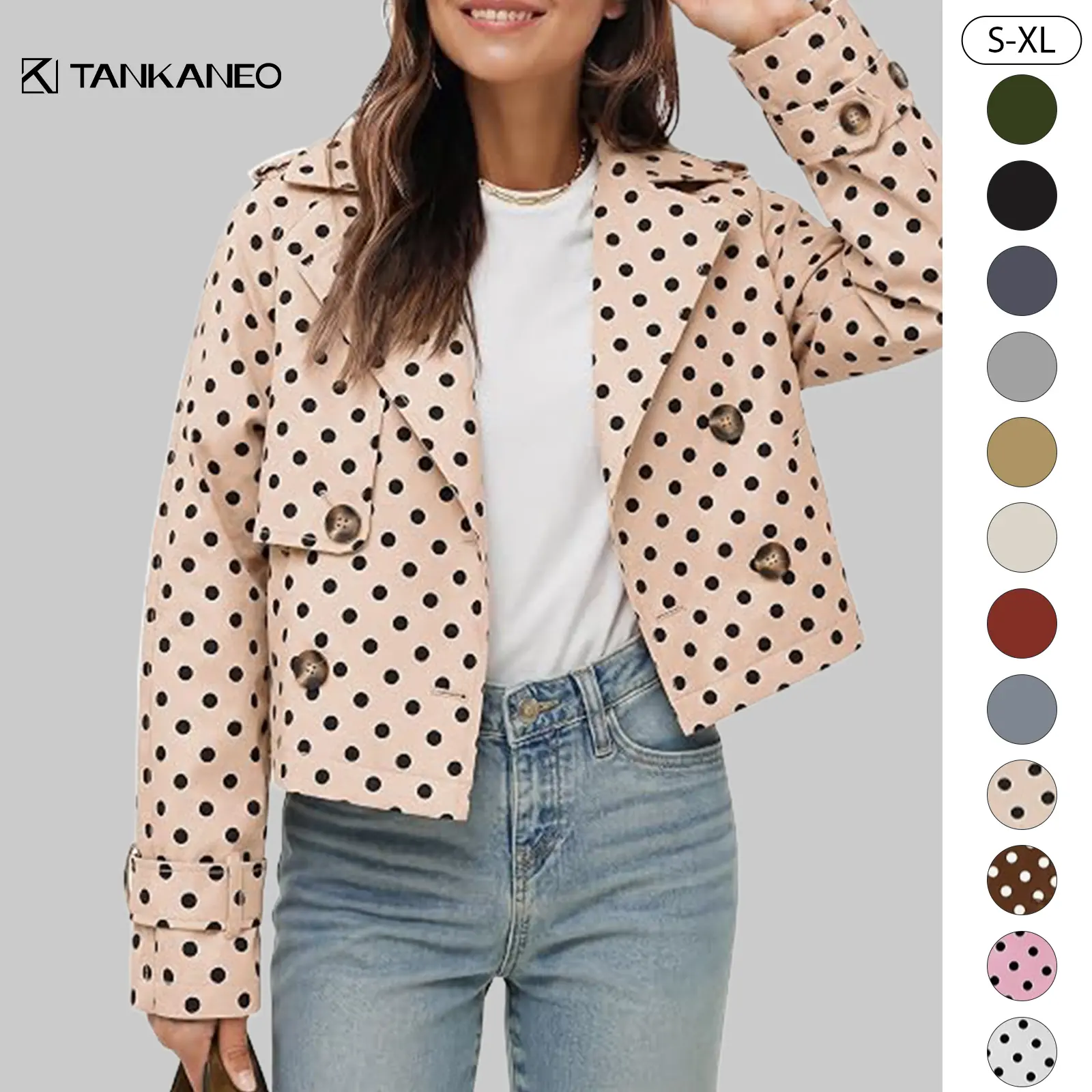 Tankaneo Women's Polka Dot Collared Long Sleeve Double-Breasted Button Front Loose Fitting Polyester Blend Cropped Trench Coat - Street Chic Casual Short Outerwear Jacket