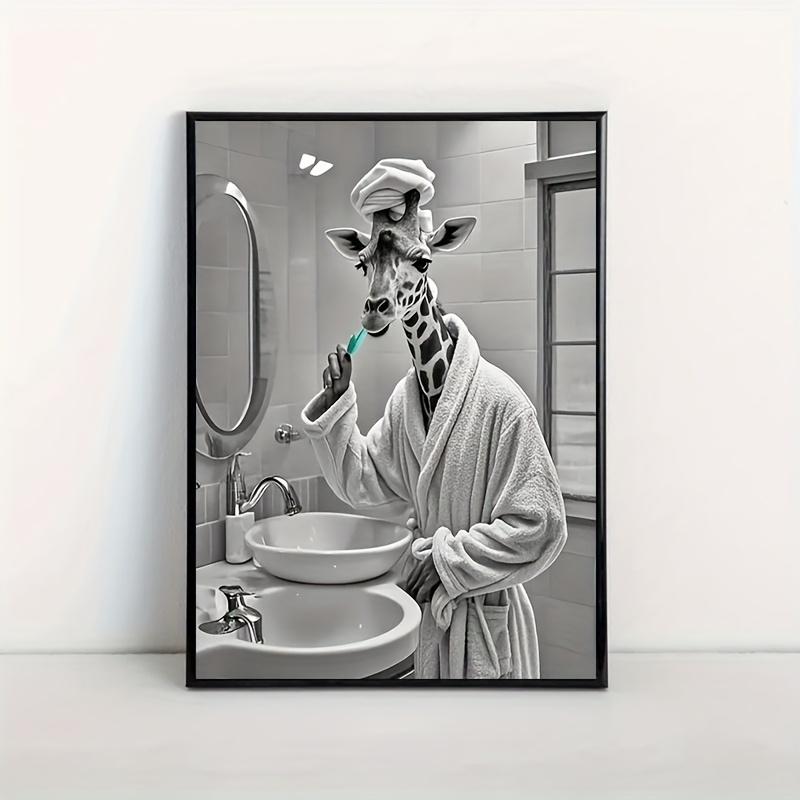Wearing Robe Giraffe Brushing Teeth Canvas Print - 40.01x 59.94cm , HD Waterproof Wall Art, Frameless Modern Decoration, Suitable for Bathroom, Bedroom, Living Room or Office, Unique Gift Idea, Animal Art Print, Giraffe Poster, Canvas Artwork, Office Artw
