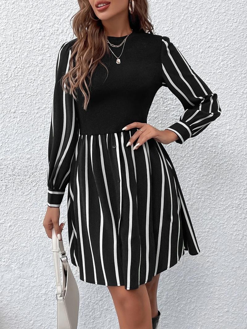 Women's Striped Print Button Dress Autumn Winter, Colorblock Design, Long Sleeve, Casual Style, Perfect for Fall & Winter