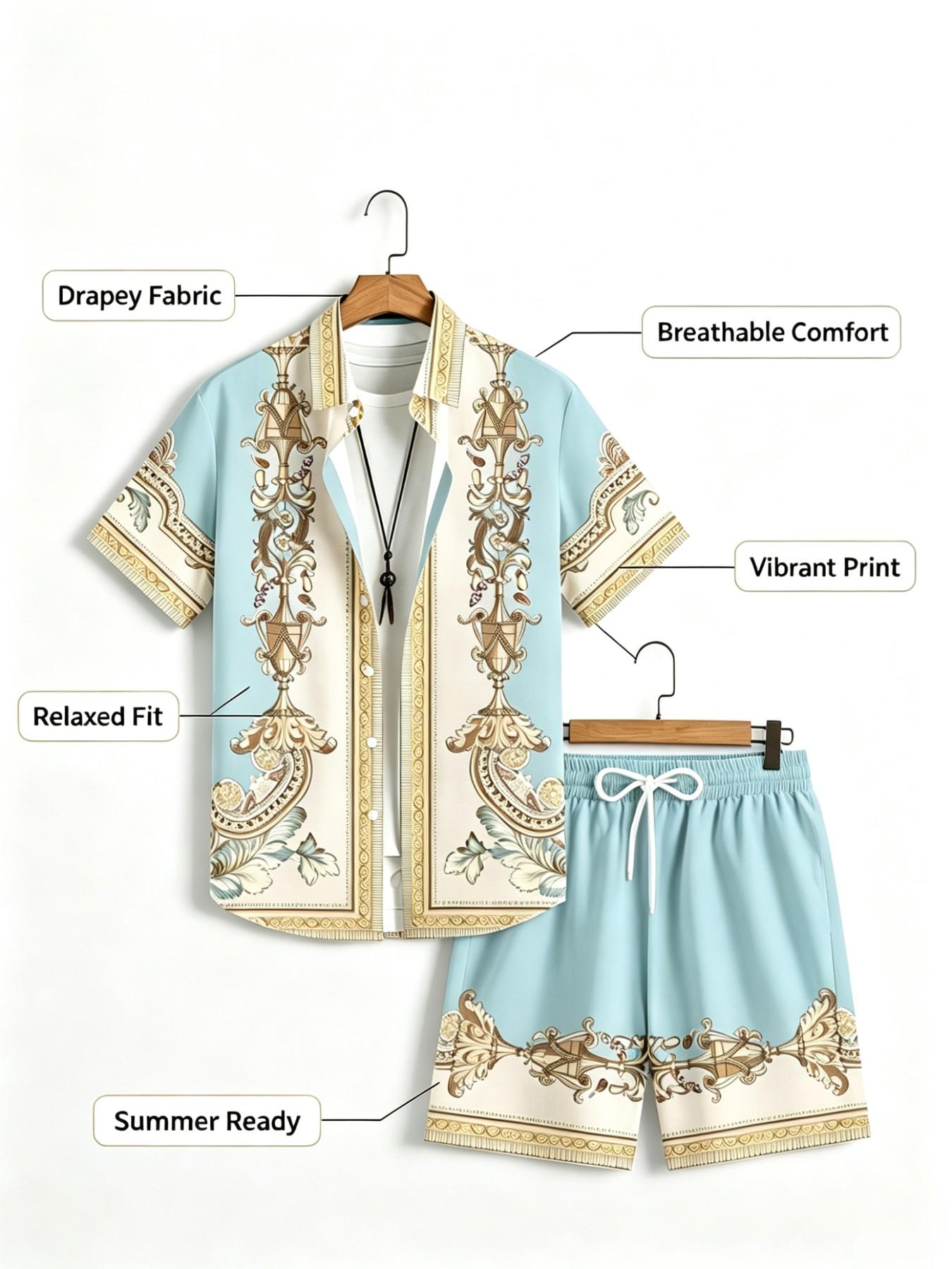 Men's Light Blue Baroque Scroll Two-Piece Set, Vintage Floral Vase Print Collar Shirt + Drawstring Shorts, Casual Loose-Fit All-Season