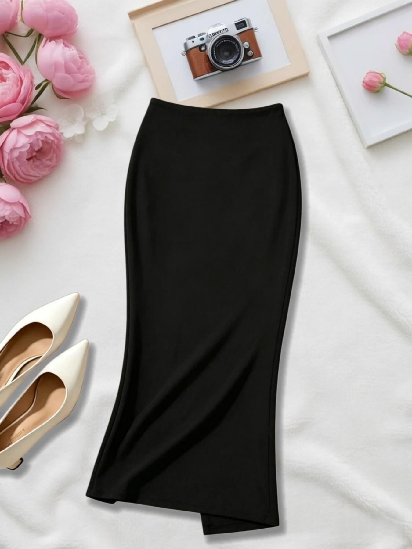 Two-Piece Punk Style Side Pleated Midi Skirt, Elastic Waist, Split Design, Office Wear, Fish Tail Butt Lift Skirt, Aesthetic, Fashion, Bottom