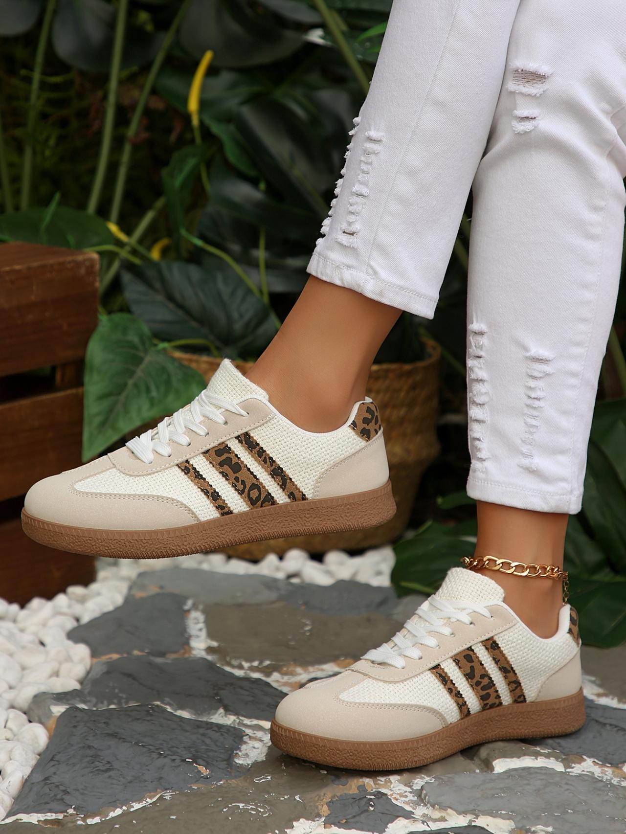 Women's 2.5cm Platform Leopard Print Sneakers, Black/Beige, Retro 3-Stripe Casual Shoes