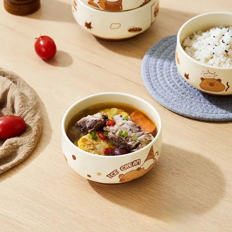 4 Pcs Cute Kapibala Ceramic Bowl Cartoon Anti-scald Soup Bowl Home Kitchen Noodle Ramen Tableware Bowl