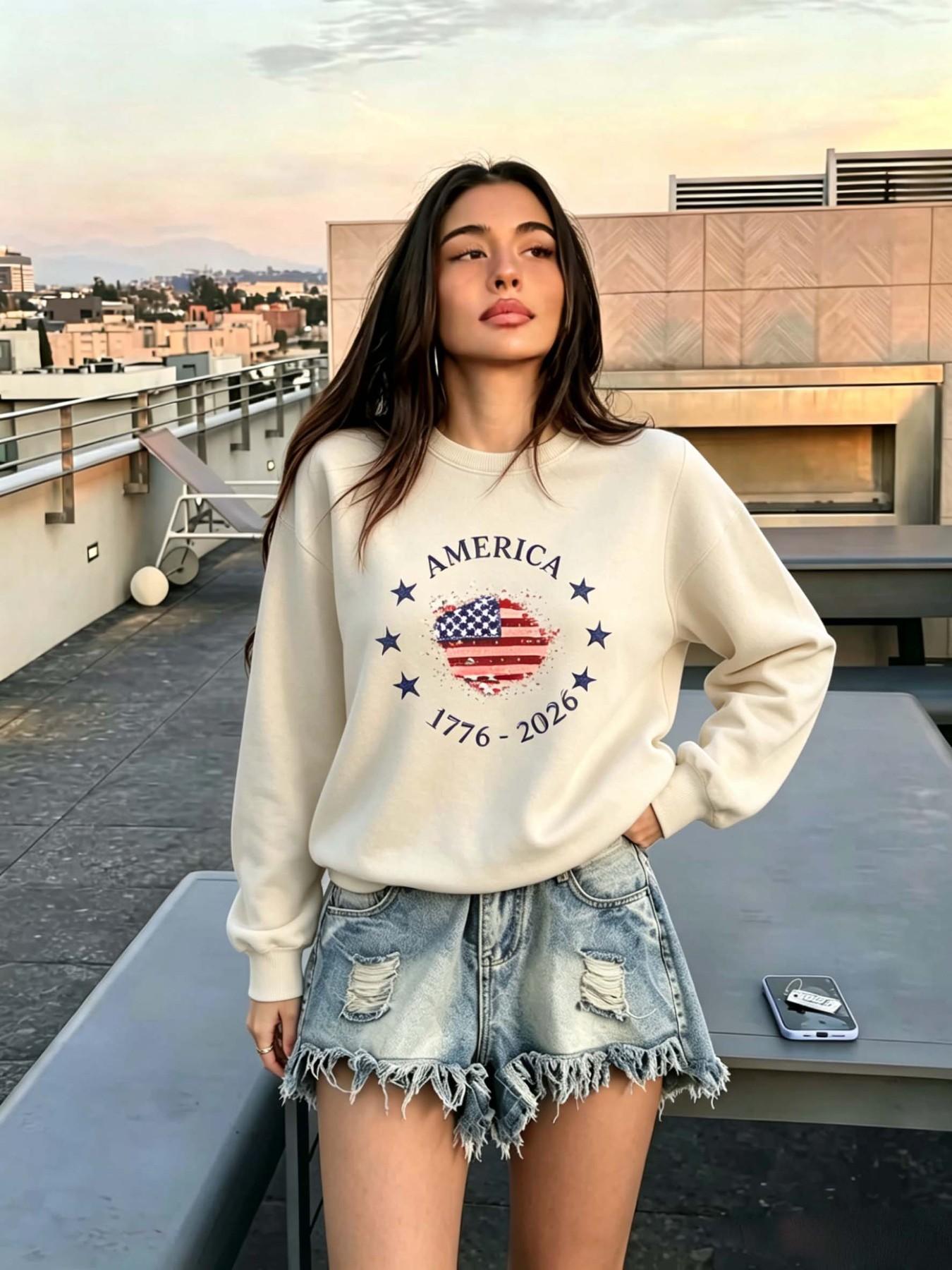 Vintage Heart American Flag Print Sweater, Independence Day Atmosphere, Usa 250th Anniversary, Retro Patriotic Style, July 4th