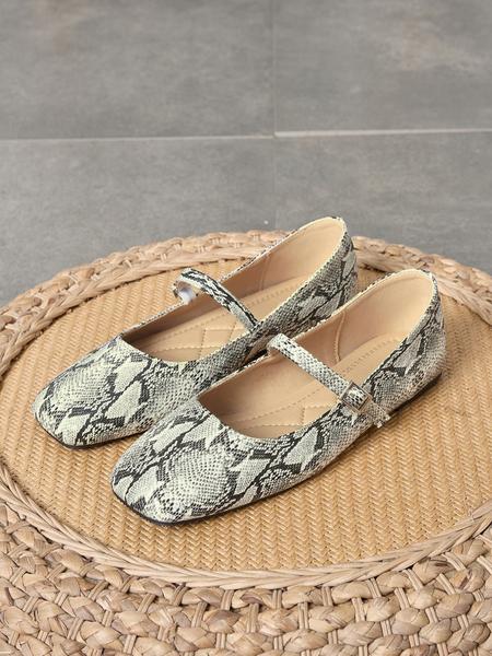 Women's Retro Snake Print Flat Mary Jane Shoes, Metal Buckle Slip-On Ballet Flats, Soft Sole Flats, Comfortable Low Heel Summer Shoes