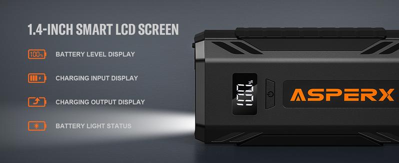 AsperX 2000A Portable Car Jump Starter, 12V Battery Jump Box with 1.4 INCH LCD Display, LED Flashlight Automotive Jumper Cable