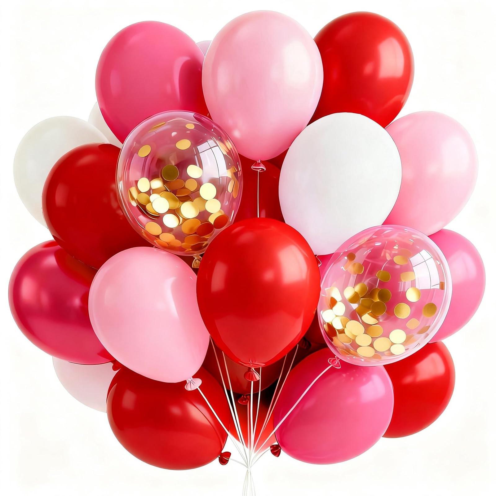 Pink and Red Balloons 66pcs10/ 12 Inch Hot Baby Pink Matte Red White Gold Confetti Balloons for Valentine's Day Engagement Weedding Bachelorette Girl Princess Birthday Party Decorations