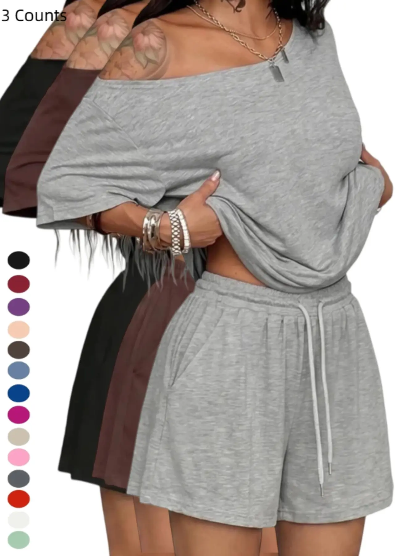Women's Casual Solid Color Sporty Loose Fit Shorts Set, Comfortable Two-Piece for Daily Wear, Trendy and Versatile Activewear, Short Sleeves Set