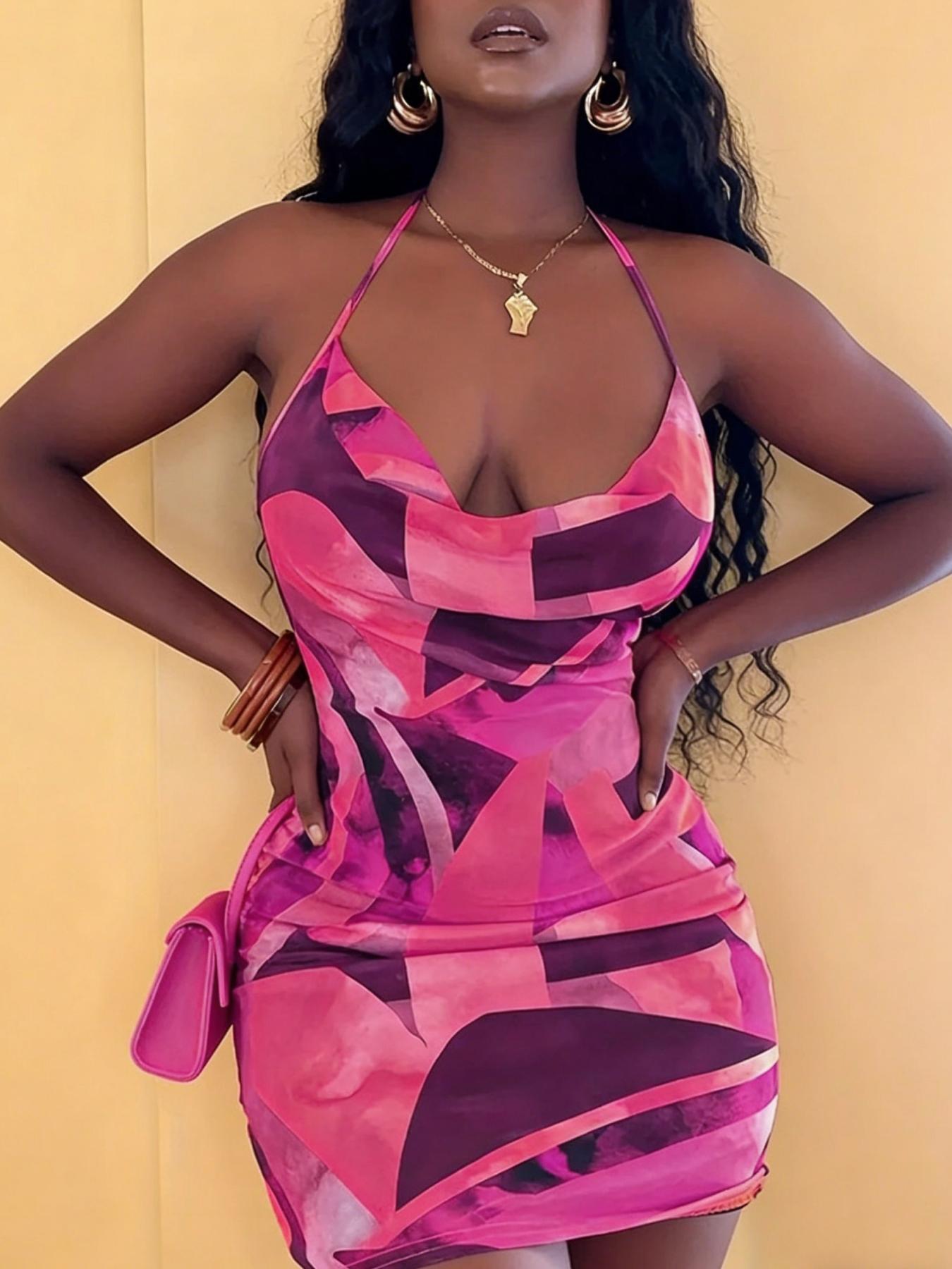 A set of women's casual contrasting printed neck hanging dress with a spicy girl style deep V slim fit hip hugging short skirt for vacation and dating, suitable for summer, suitable for home, indoor, and outdoor wear