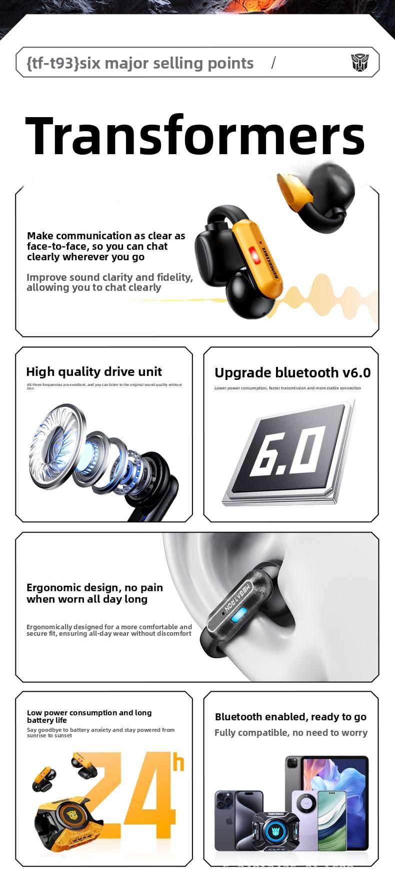 Transformers TF-T93 Ear-Clip True Wireless Bluetooth 6.0 Earbuds with Mic, Zinc Alloy Armor Case, Low Latency Game/Music Modes, Hi-Fi 12mm Drivers, Secure Fit Sports Earphones (Megatron Black)