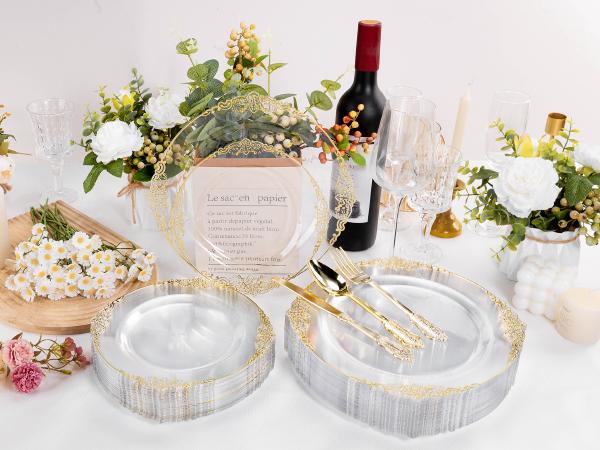 Bestluck 100PCS Clear & Gold Plastic Plates 50 Dinner 50 Dessert for Weddings Birthdays Baby Showers Christmas Anniversaries Elegant Design BPA Free Disposable Cups
