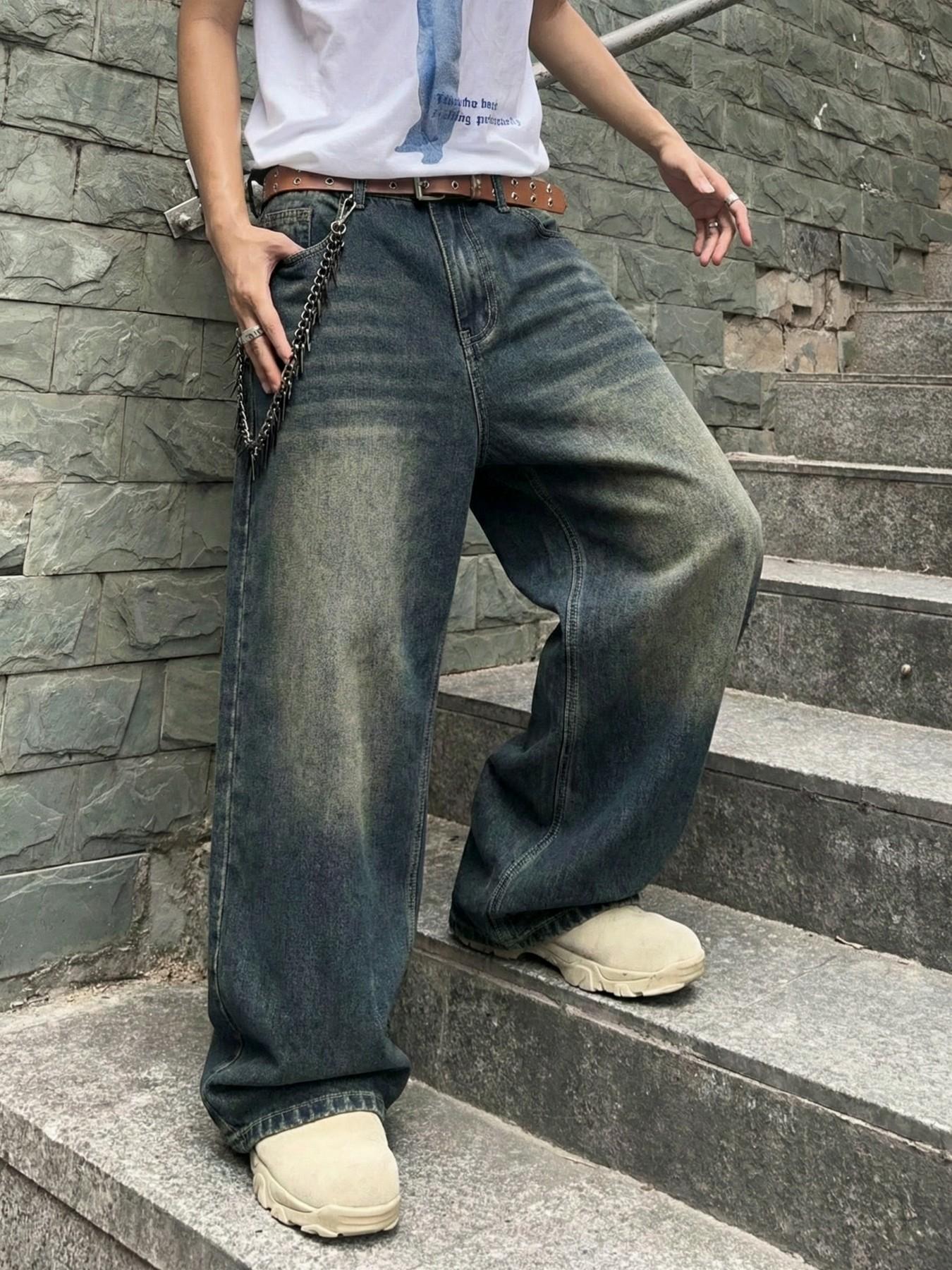 Men's Vintage Washed Loose Fit Wide Leg Jeans Pants, Menswear Long Y2K Street Style Denim Jeans, Perfect Gift for Boyfriend & Husband