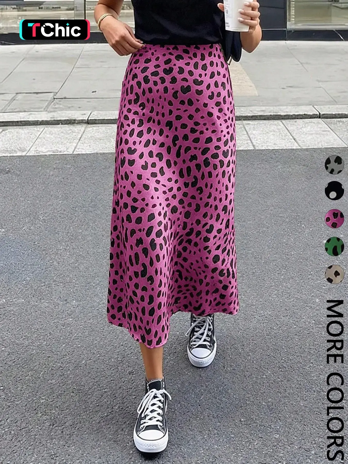 Women's Leopard Print Midi Skirt, High Waist, Smooth Woven Fabric,  Casual Daily & Street Style Wear, Edgy Retro Style