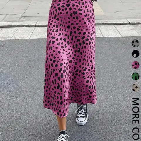 Women's Leopard Print Midi Skirt, High Waist, Smooth Woven Fabric,  Casual Daily & Street Style Wear, Edgy Retro Style, Casual Fashion Skirt