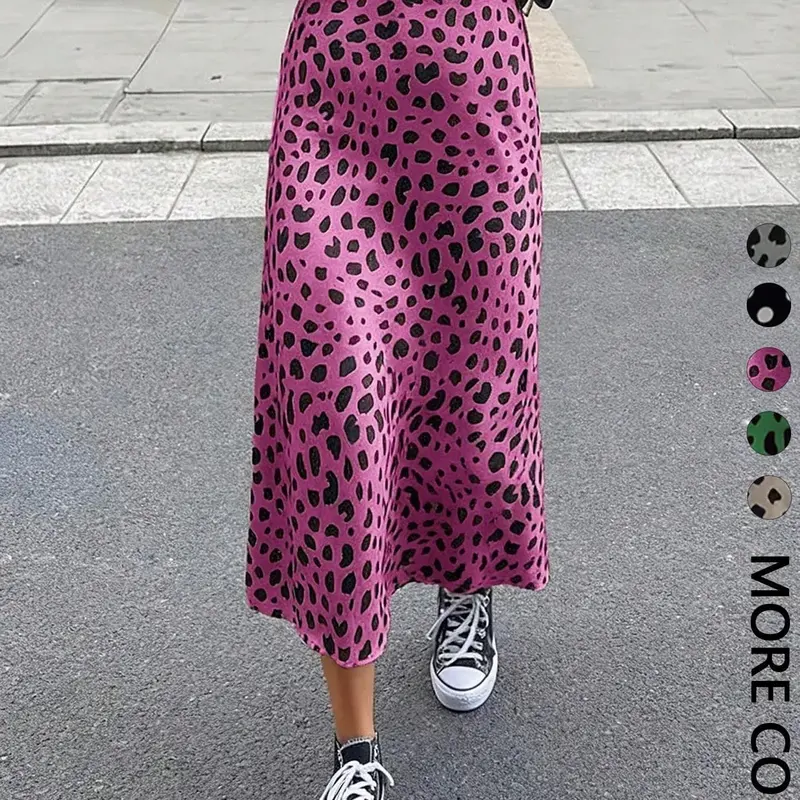 Women's Leopard Print Midi Skirt, High Waist, Smooth Woven Fabric, Casual Daily & Street Style Wear, Edgy Retro Style, Casual Fashion Skirt