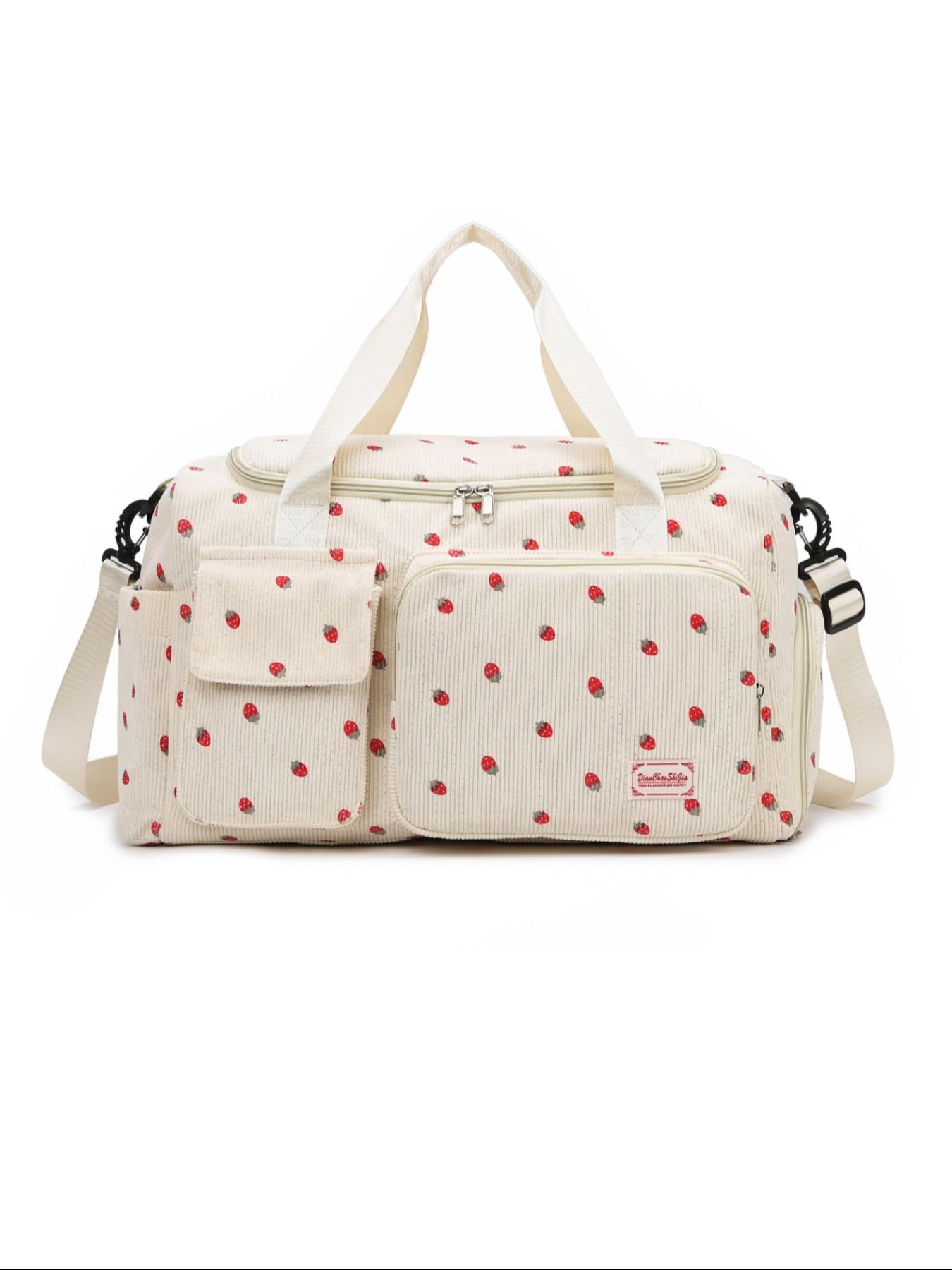Strawberry Corduroy Handbag, Sweet Cute Style, Multi-Pocket Large Capacity, Crossbody Bag, Girl Short Trip Gym Commute Backpack