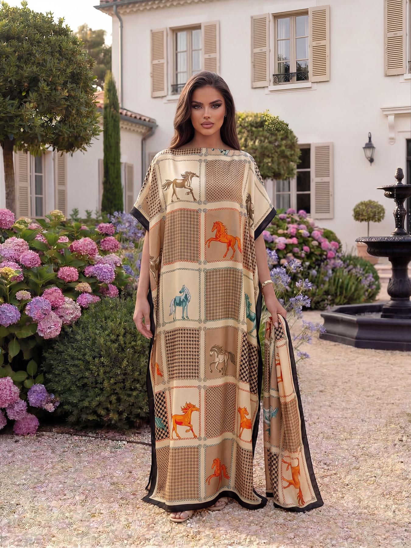 Women's Luxury Equestrian Style Silk Robe Set, Long Cape Dress + Scarf Headband, Beach Outdoor Sun Protection, All Seasons Chic Fashion