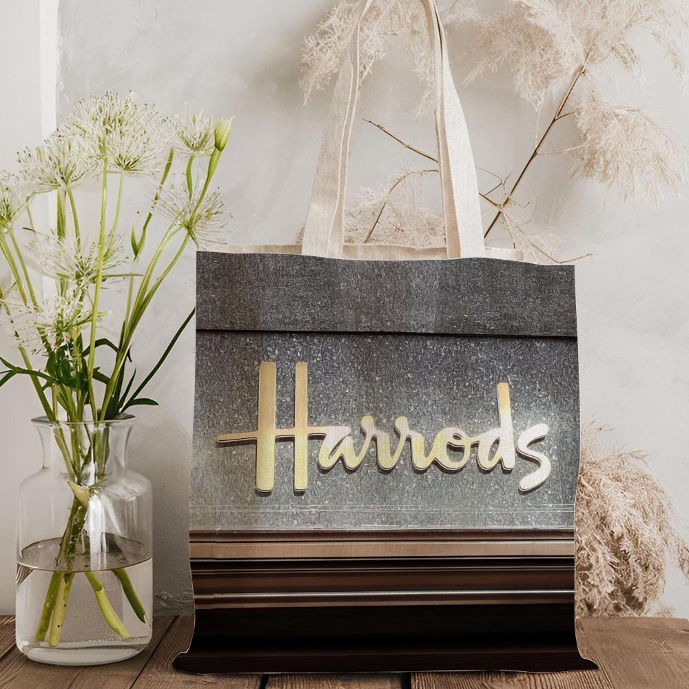 London L-Harrods Knightsbridge Storage Bags Canvas Double-Sided Print Black and White Tote Bag Large Capacity Shoulder Students Festive Fashion Eco Outdoor Picnic Travel High Quality Shopping Bag Machine Washable