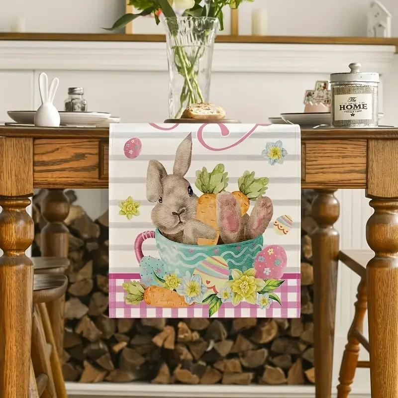 Easter Rabbit Table Runner with Floral Check Pattern, Spring Holiday Kitchen Dining Cover, Perfect for Easter Party Decoration