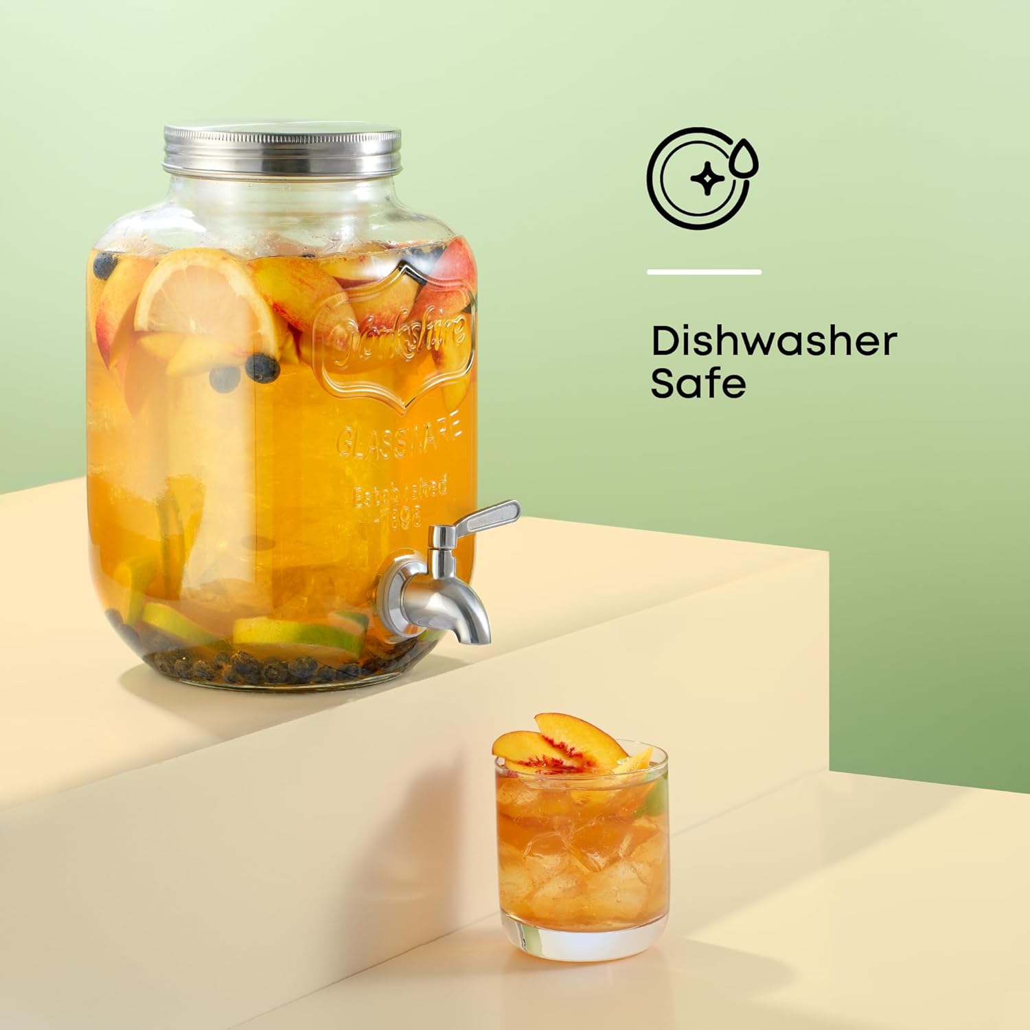 1-Gallon Drink Dispenser. Glass Beverage Dispenser with Stainless steel Spigot plus Ice Cylinder and Fruit Infuser! Water Dispenser, Lemonade Stand, Juice Container - Drink Dispensers for Parties, Gallon Glass Pitcher With Lid, Glass Jug