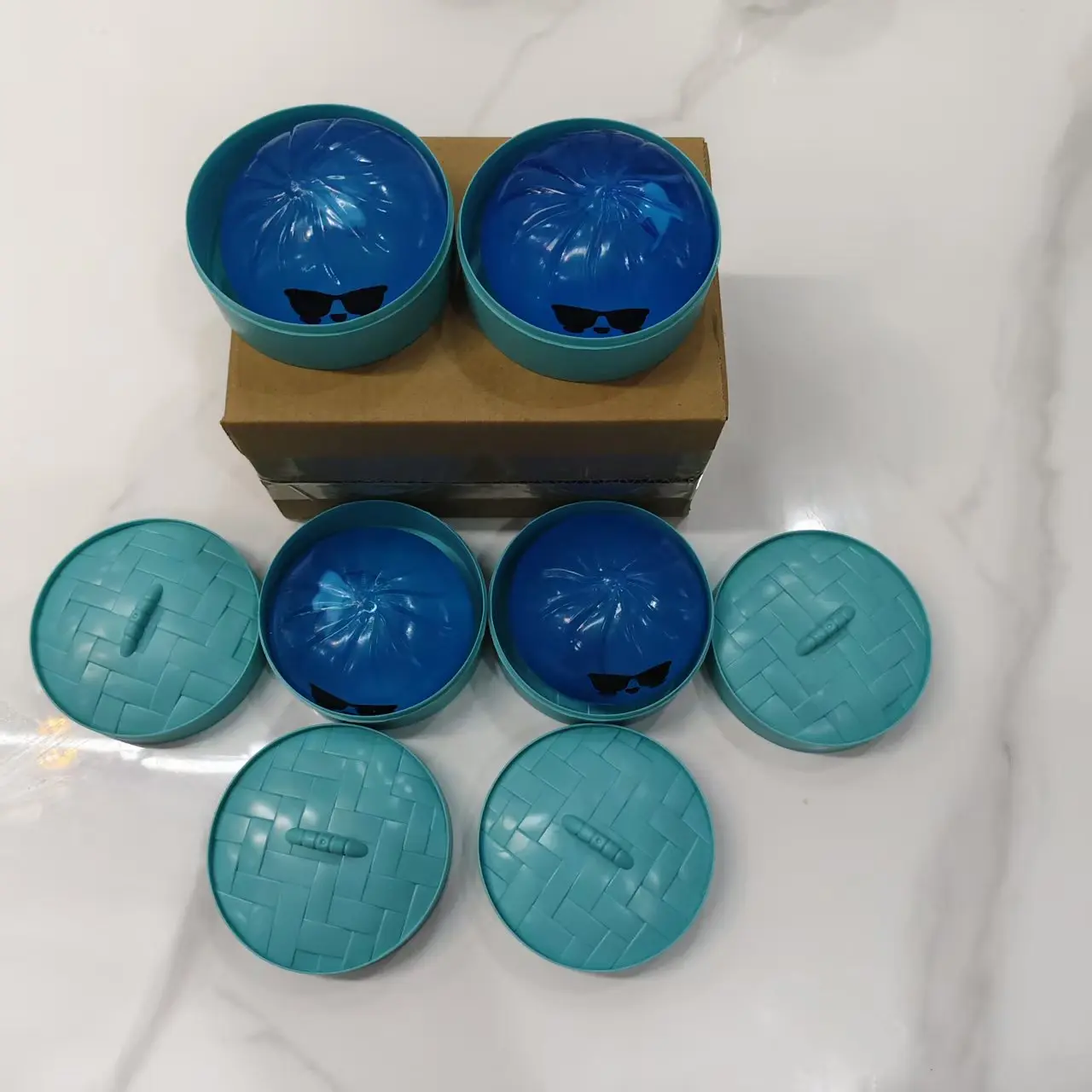 4-Pack Blue Shark Baozi Squishy Toy, Cute Decompression Squishy Stress Relief Squeezing Toy with Sunglasses, Mini Steamer Storage Box, Adult & Kids Desk Gift