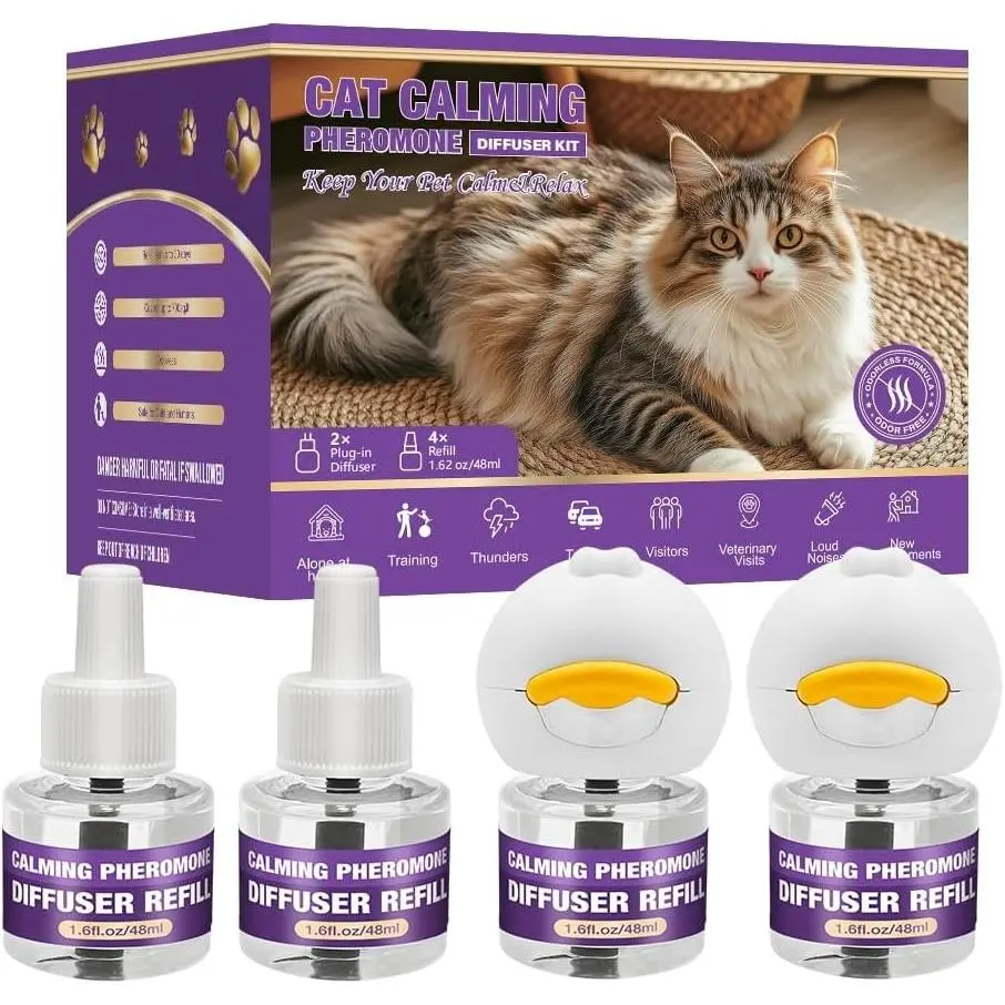 Cat Calming Diffuser Kit with 2 Diffusers and 4 Refills, Helps Reduce Stress, Scratching, Spraying and Hiding, Long Lasting Pheromone Solution