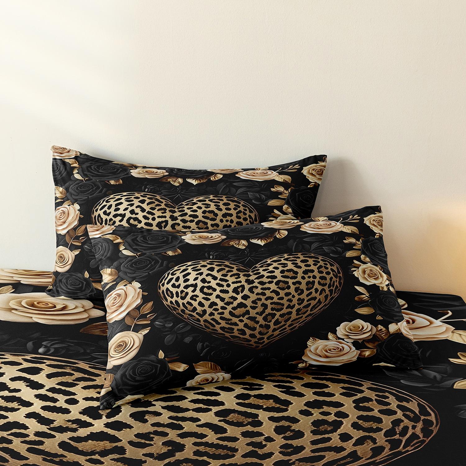 3Pcs Leopard Print Heart Rose Fitted Sheet Set, Soft Microfiber Deep Pocket Non-Slip Bed Sheet with 2 Pillowcases, Luxury Aesthetic Bedding Set for Bedroom Decor