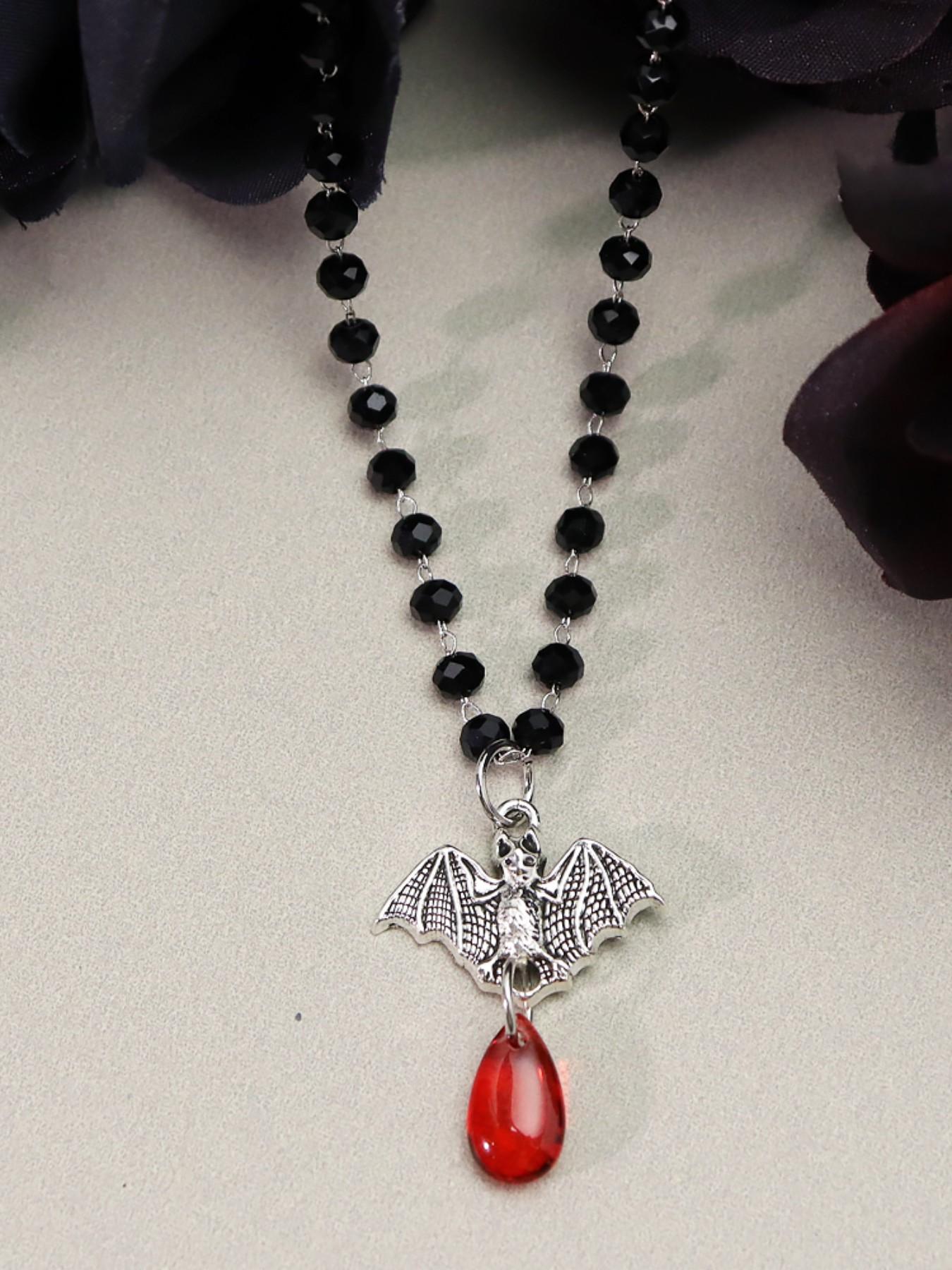 Gothic Bat Blood Drop Jewelry Set, Vintage Black Bead Chain Necklace Earrings, Punk Dark Aesthetic Halloween Jewelry