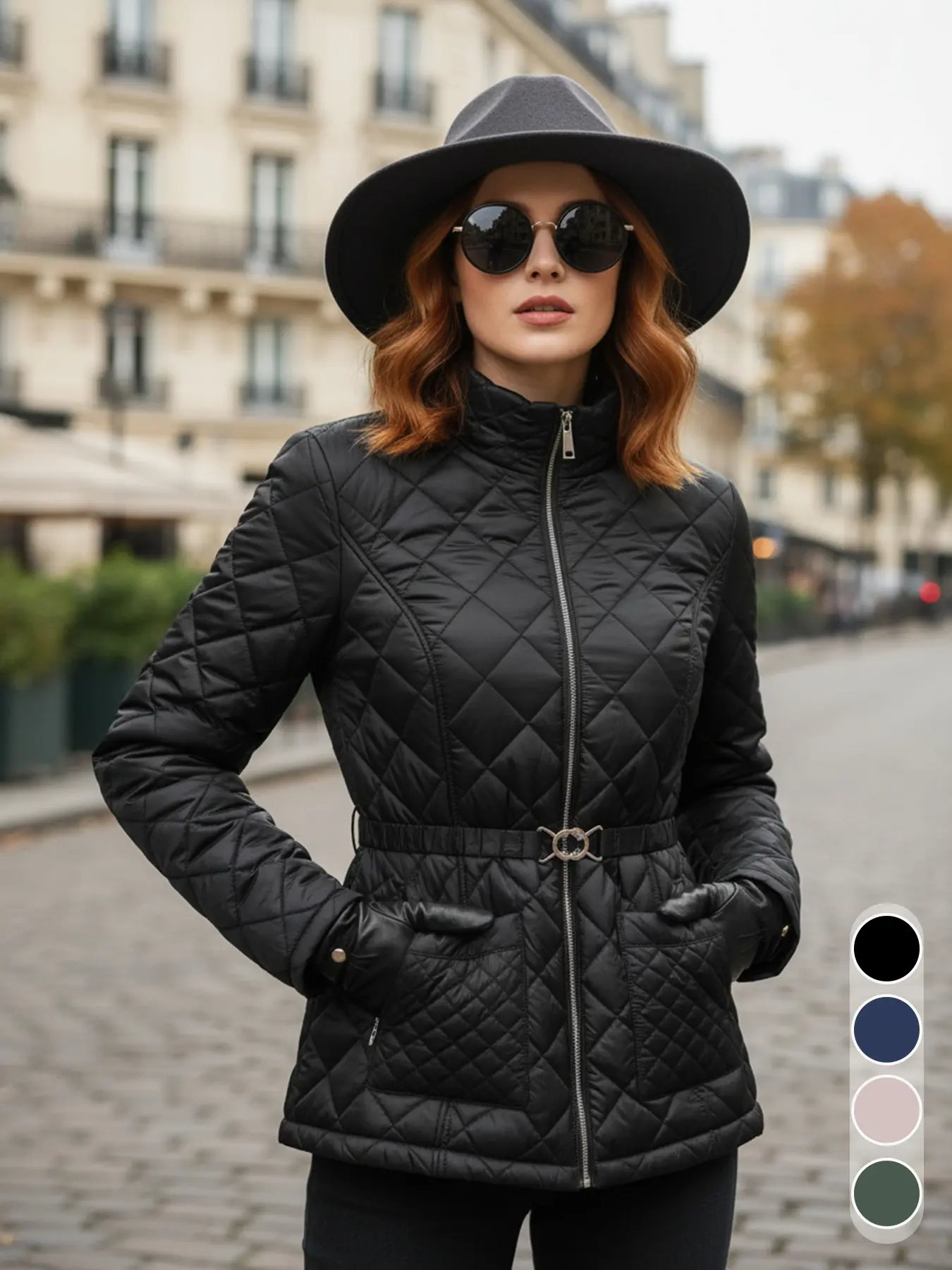 Women's Elegant Lightweight Waterproof Jacket, Diamond Quilted Pattern, Adjustable Waist Belt, Fall & Winter Fashion, Warm and Stylish Coats