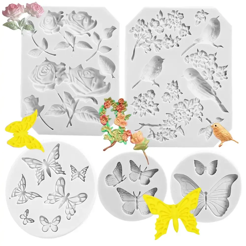 silicone baking molds, including rose, bird, and butterfly shapes, food grade chocolate candy molds, suitable for cake decoration, cupcake toppings, and candy making