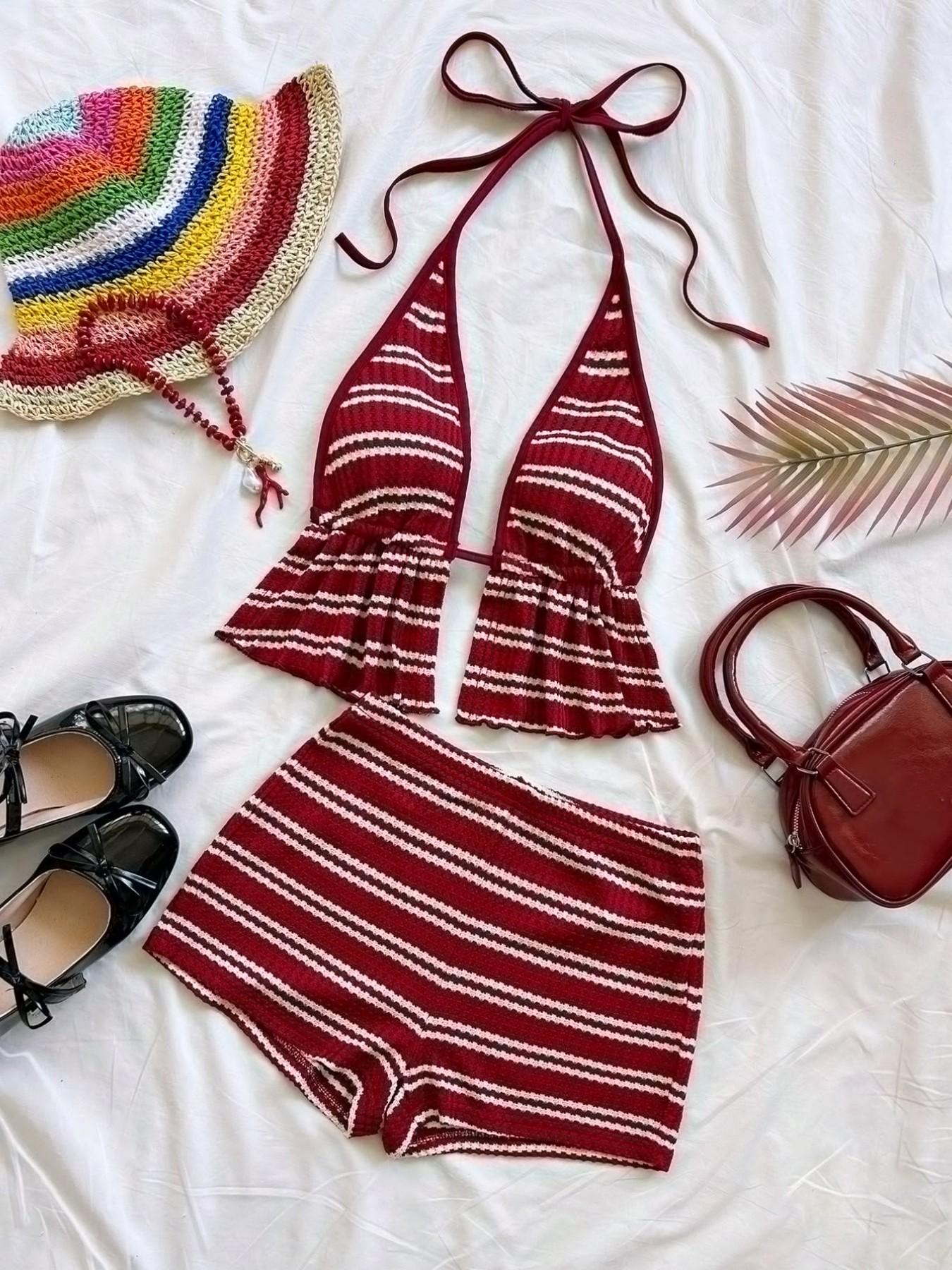 Vintage Red Striped Swimwear Set, Flounce Top & High Waist Bottoms For Summer Getaways & Casual Poolside Outings, Swimsuit Sets
