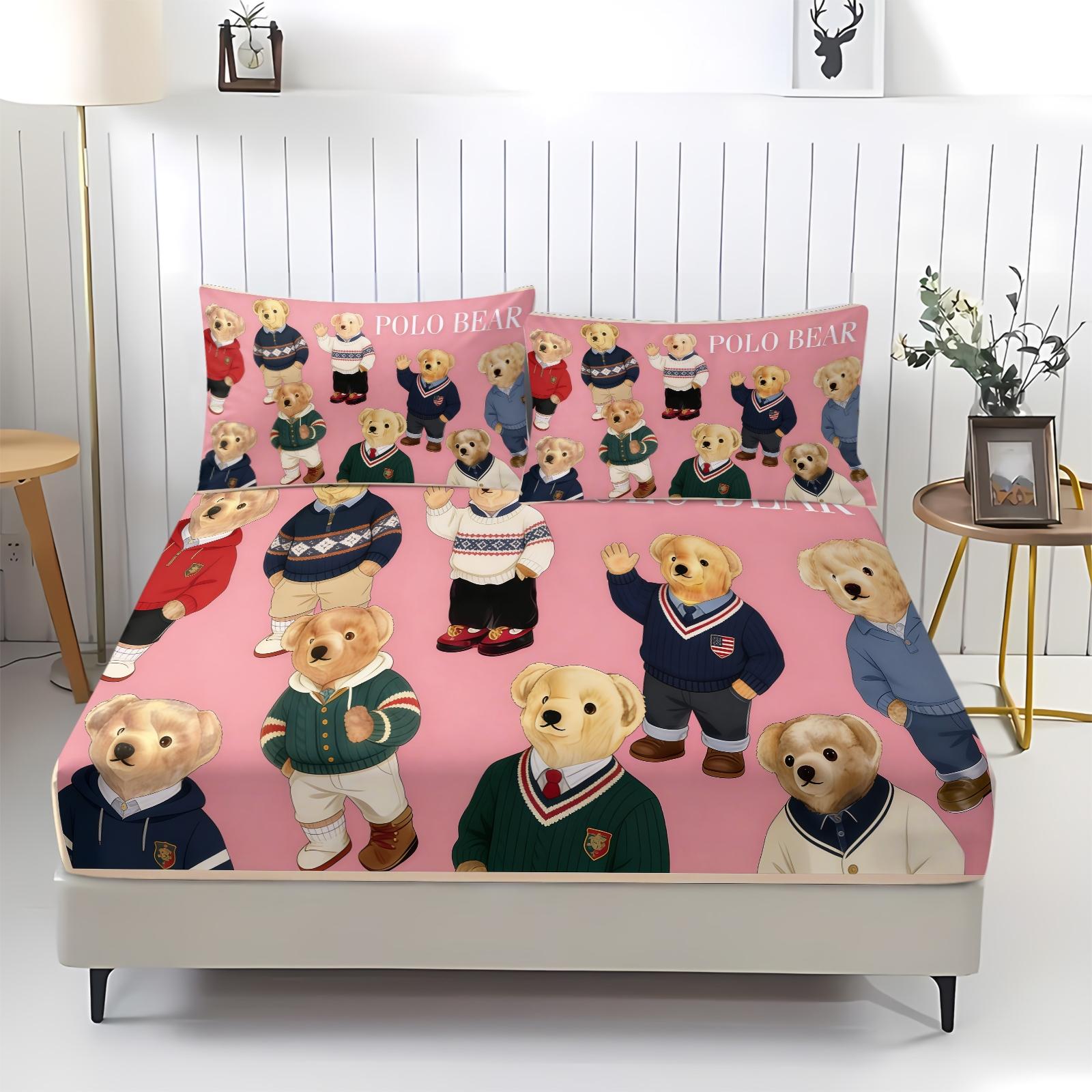 3-Piece Trendy Teddy Bear Patterned Bed Sheet, Soft And Durable Bedding Set Including 1 Bed Sheet And 2 Pillowcases, Suitable For Daily Holiday, Birthday, Gift, Bedroom Decoration For Children And Adults