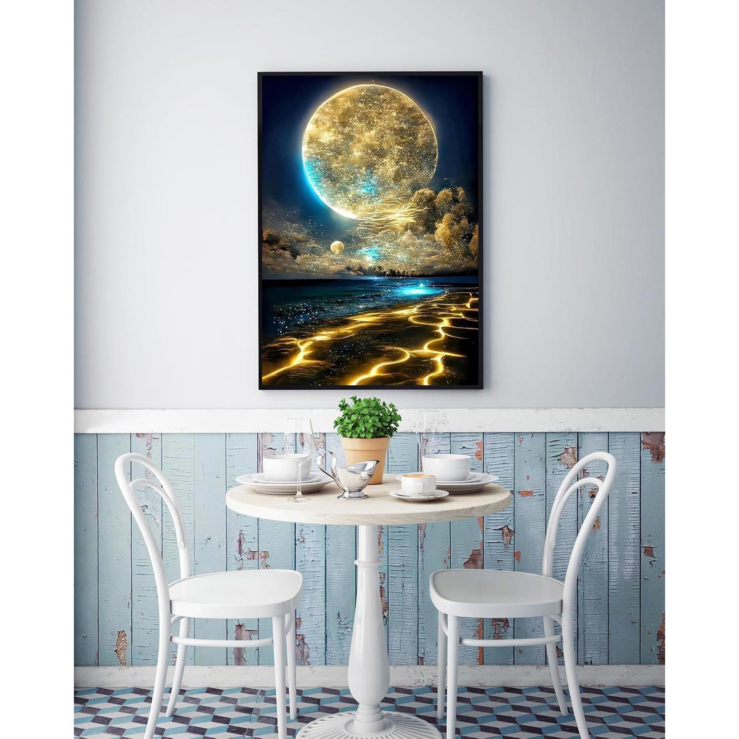 Adult 5D Diamond Painting Kit, Beginner-Friendly Moon Beach DIY Full Round Drill Moonlight Landscape, Home Wall Decor, 12x16 Inches, No Frame Included
