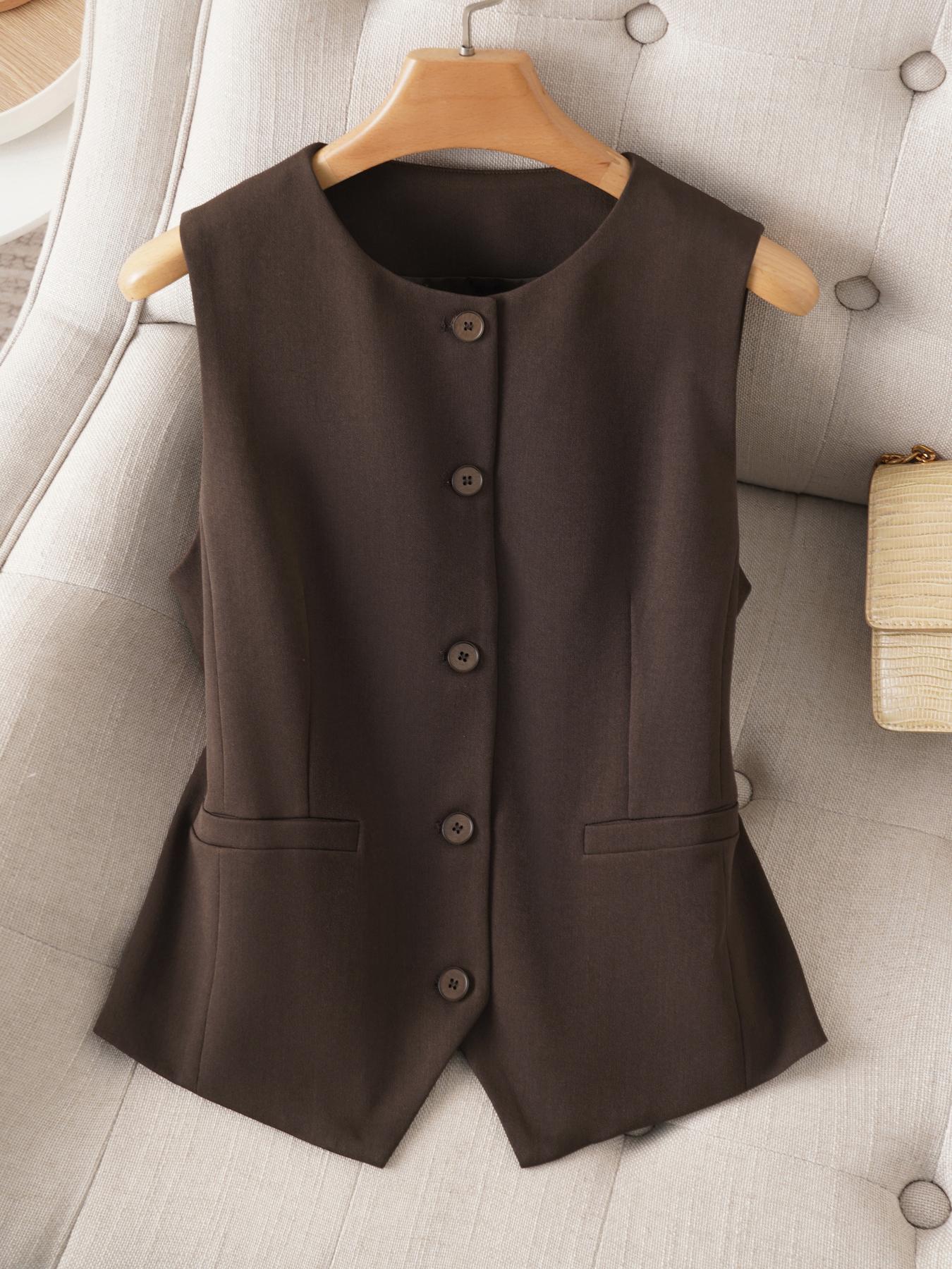 Women's Solid Color Button Front Vest Blazer, Casual Fashion Comfy Sleeveless Outerwear for Daily Outdoor Wear, Women Clothing for Spring Fall