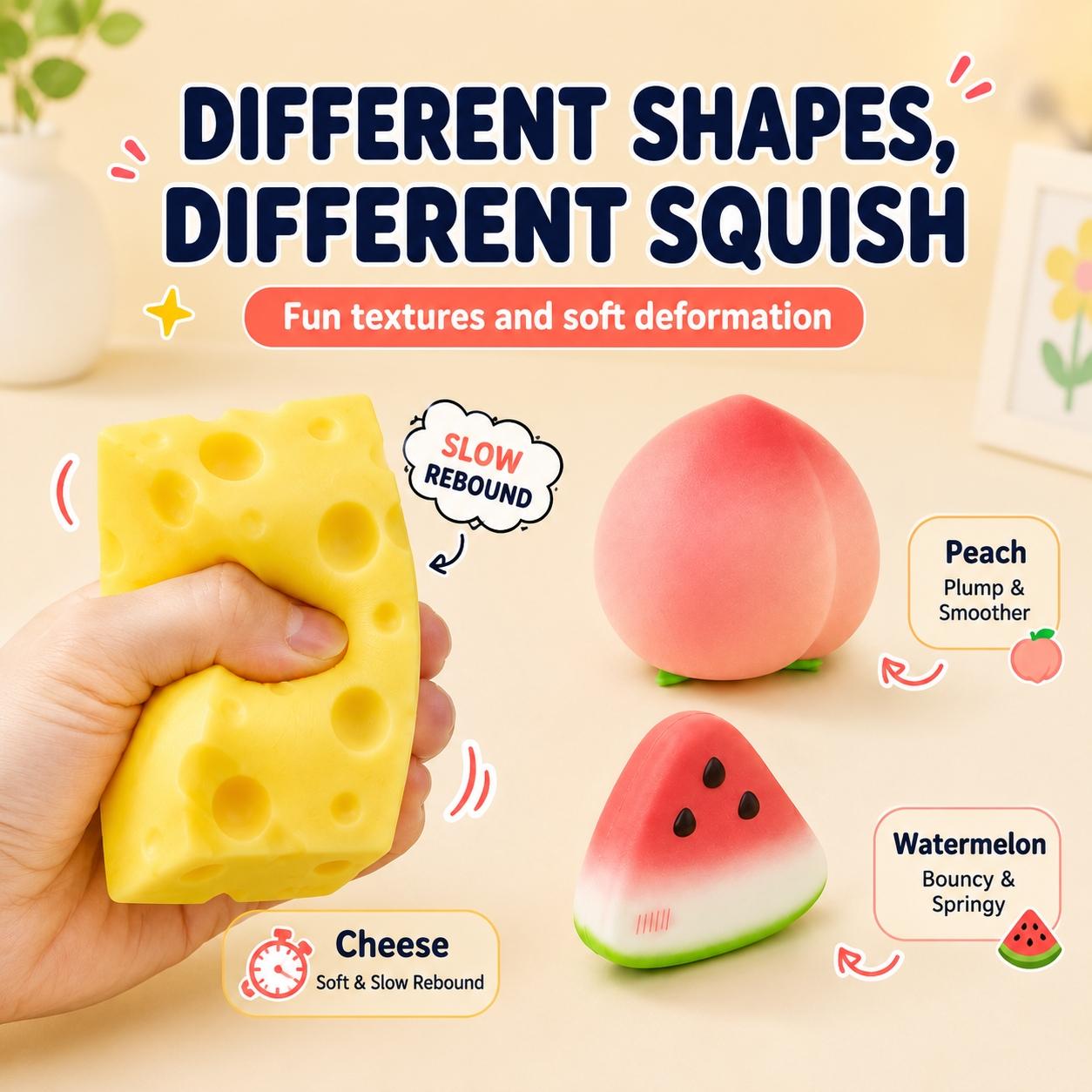 3/4/6/8PCS Stress Relief Fun Toy Set, Sensory Stress Reliever, Squeezable Sensory Combo Pack, Squishy Fidgets, Cheese Strawberry Banana Butter Stick Watermelon Peach Toys, Kids Party Gift