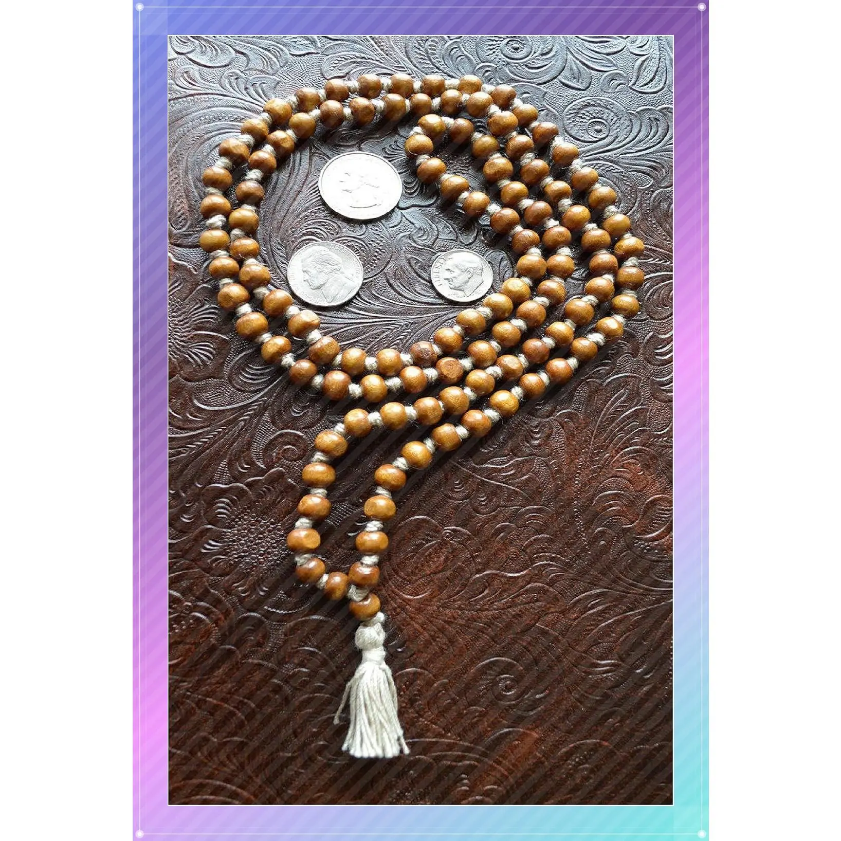 IS4A 8MM TULSI HOLY BASIL PRAYER BEADS JAPA MALA NECKLACE HAND KNOTTED. KARMA (108+1) BEADS. BLESSED & ENERGIZED HINDU TIBETAN BUDDHIST SUBHA ROSARYGift