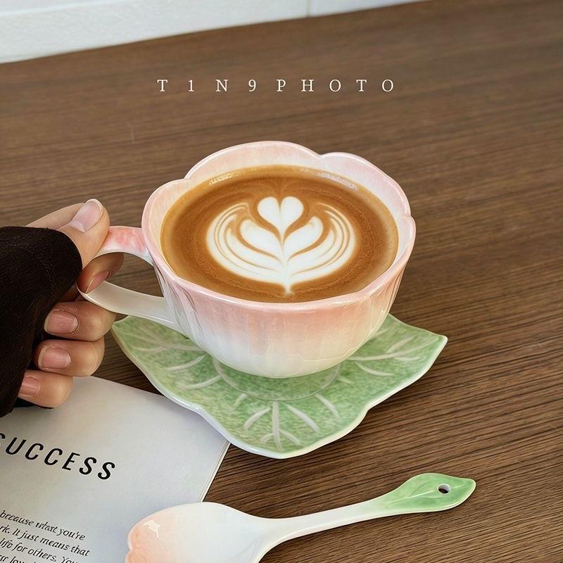 Gift for Her 💗 Floral Embossed Ceramic Cup with Saucer  Vintage Coffee Mug therapeutic cup for Cappuccino   Latte Art Coffee Cup Pink and Blue Flower Cup 🌸  Aesthetic