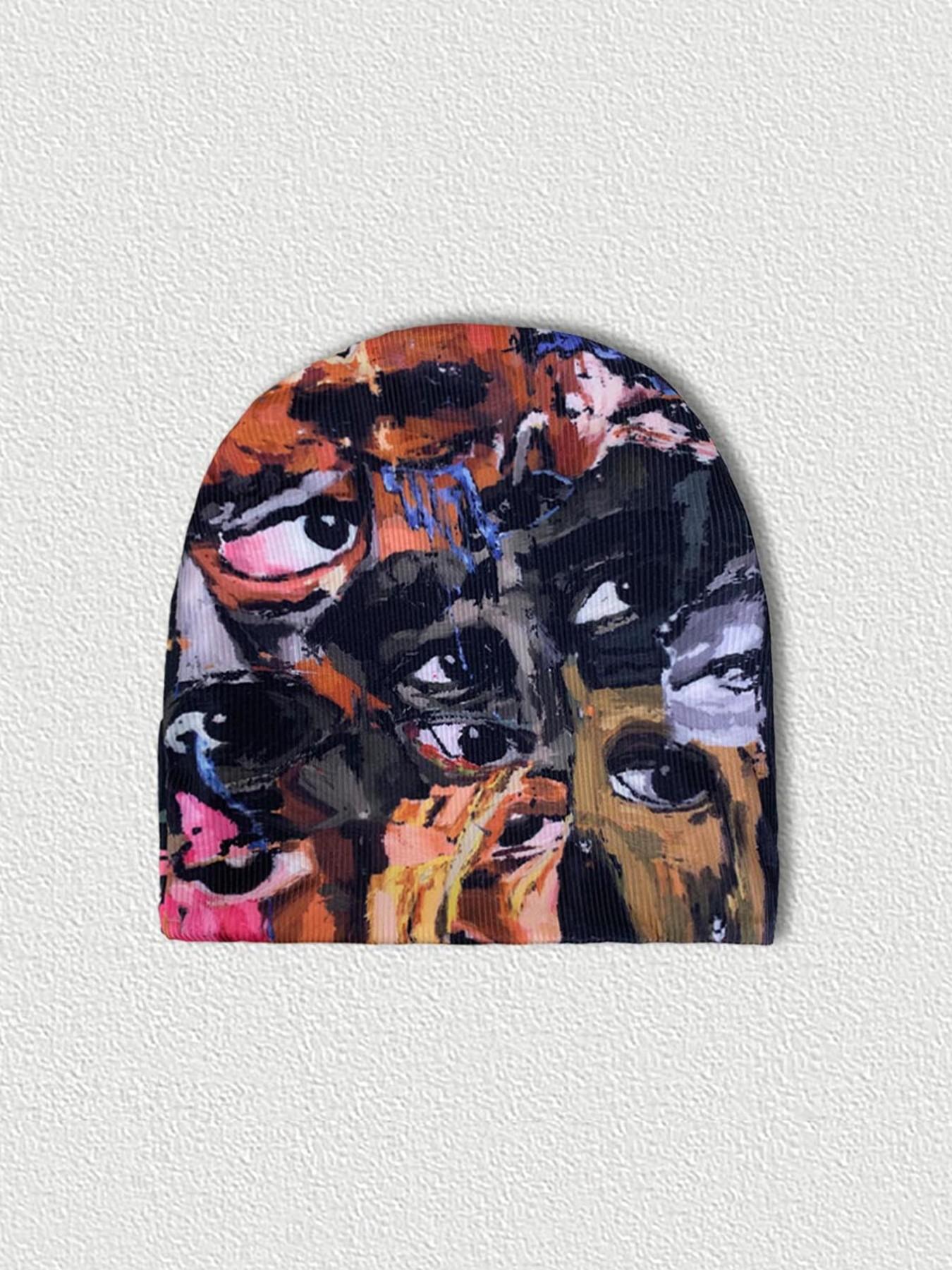 Unisex Abstract Print Skull Beanie Hat, Unique Casual Street Style, Slim-Fitting, Geometric Pattern, All Seasons, Hip-Hop Culture, Artistic, Stylish, Urban Fashion