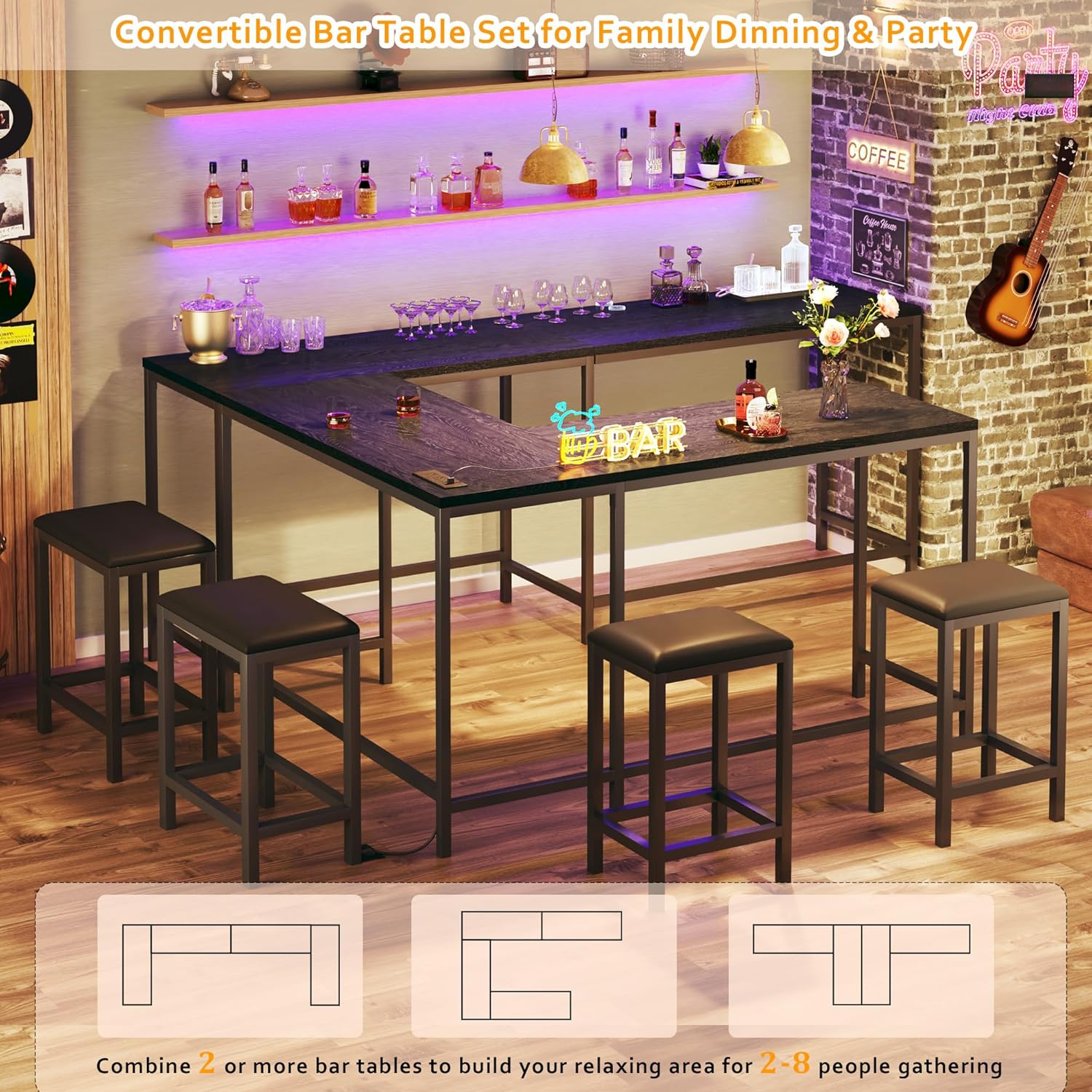 Bar Table and Chairs Set for 2-4, 63'' Convertible L-Shaped Kitchen Table with Power Outlets, 3 Piece Counter Height Small Dining Table with 2 Stools, Space Saving, Breakfast Nook Corner, Black