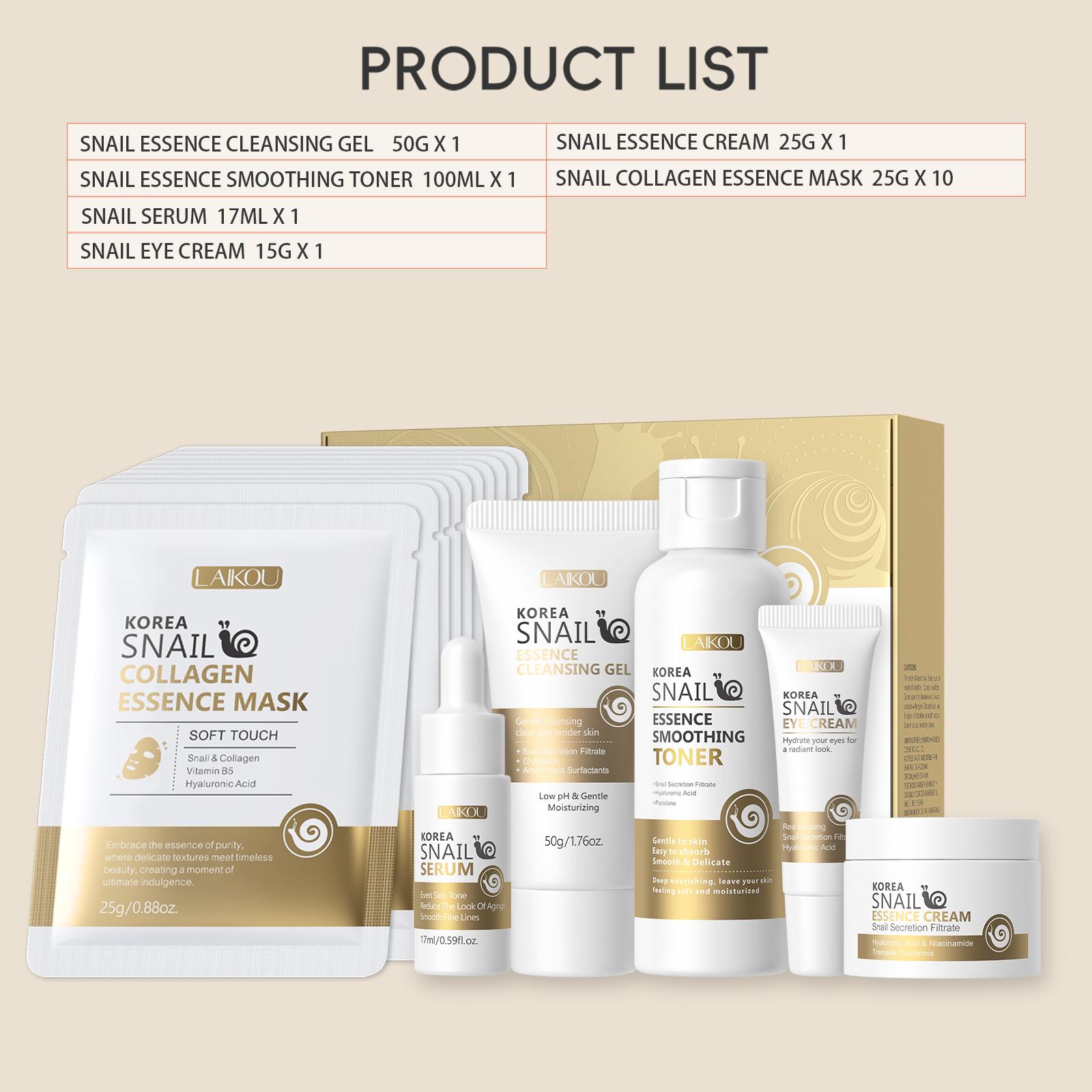 Snail Collagen Skin Care Kit, 1 Set Facial Cleanser, Toner, Serum, Eye Cream, Essence Cream and Mask, Moisturizing Hydrating Hydrate Skin Care Set for Women