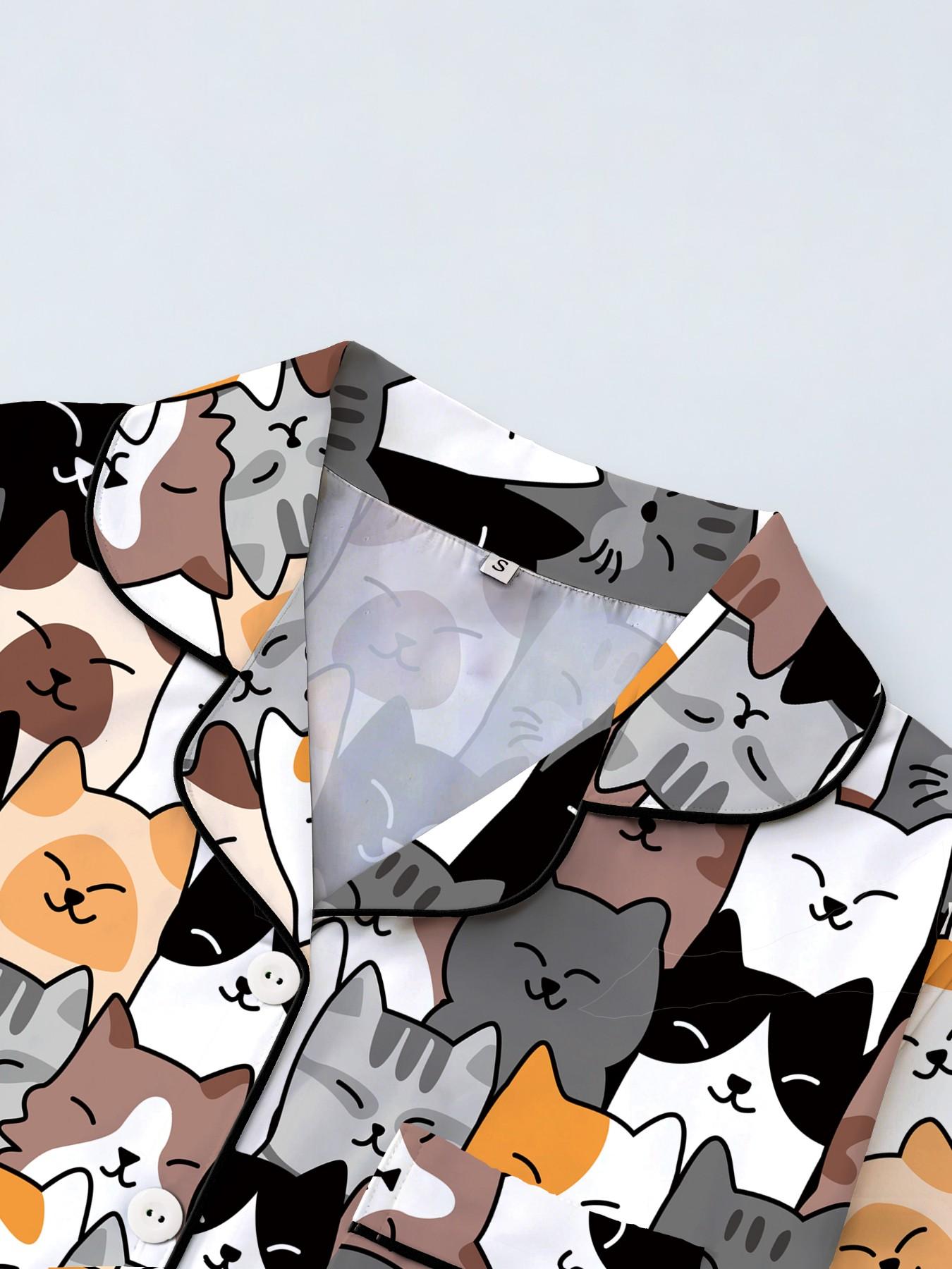 Women's Short Sleeve Button Down Top and Shorts Pajama Set, Spring Summer Wear, For Japanese Kawaii Soft Girls, White Base Soft Cat Head Print, Small Lapel Collar, Slim Fit No Bulk, Comfortable For Daily Home Wear