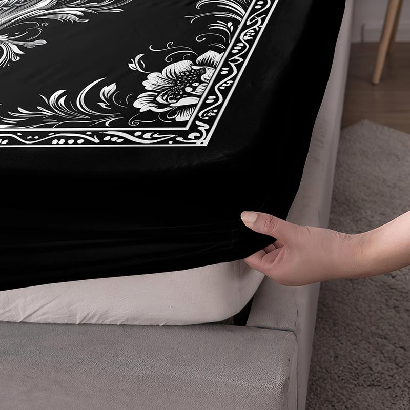 3 Pieces Black Skull Floral Fitted Sheet Set (1 Fitted Sheet + 2 Pillowcases without Pillows) High-Definition Digital Printing, Trendy Cool Bedroom Infused with Gothic Romance, Unlocks Niche Trendy Bedroom Style Bedding Accessories