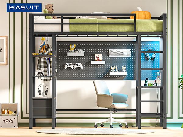 Hasuit Twin Size Loft Bed with Desk & Charging Station Metal Frame LED Lights 4 Storage Shelves 2 Fabric Drawers Safety Guard Clothes Rail Ladder for Students Assembly Required Hasuit Twin Size Loft Bed with Desk & Charging Station Metal Frame LED Lights 4 Storage Shelves 2 Fabric Drawers Safety Guard Clothes Rail Ladder for Students Assembly Required
