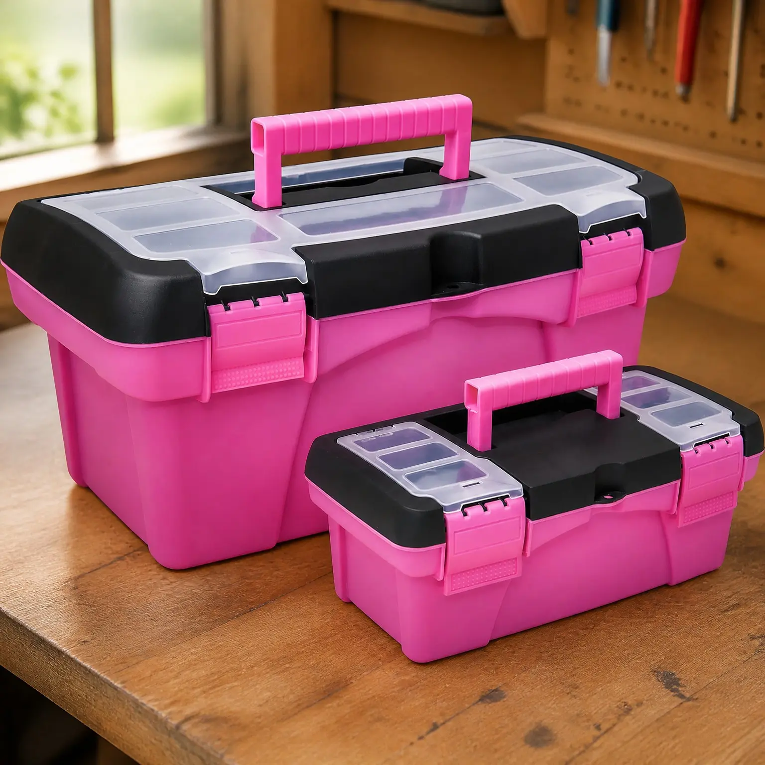 Tool Box for Women - Sewing, Art & Craft Organizer Small & Large Plastic Tool Box with Handle - Pink Toolbox Sewing Tool Storage Box - Portable Mini Locking Tool Boxes (2 Pack)