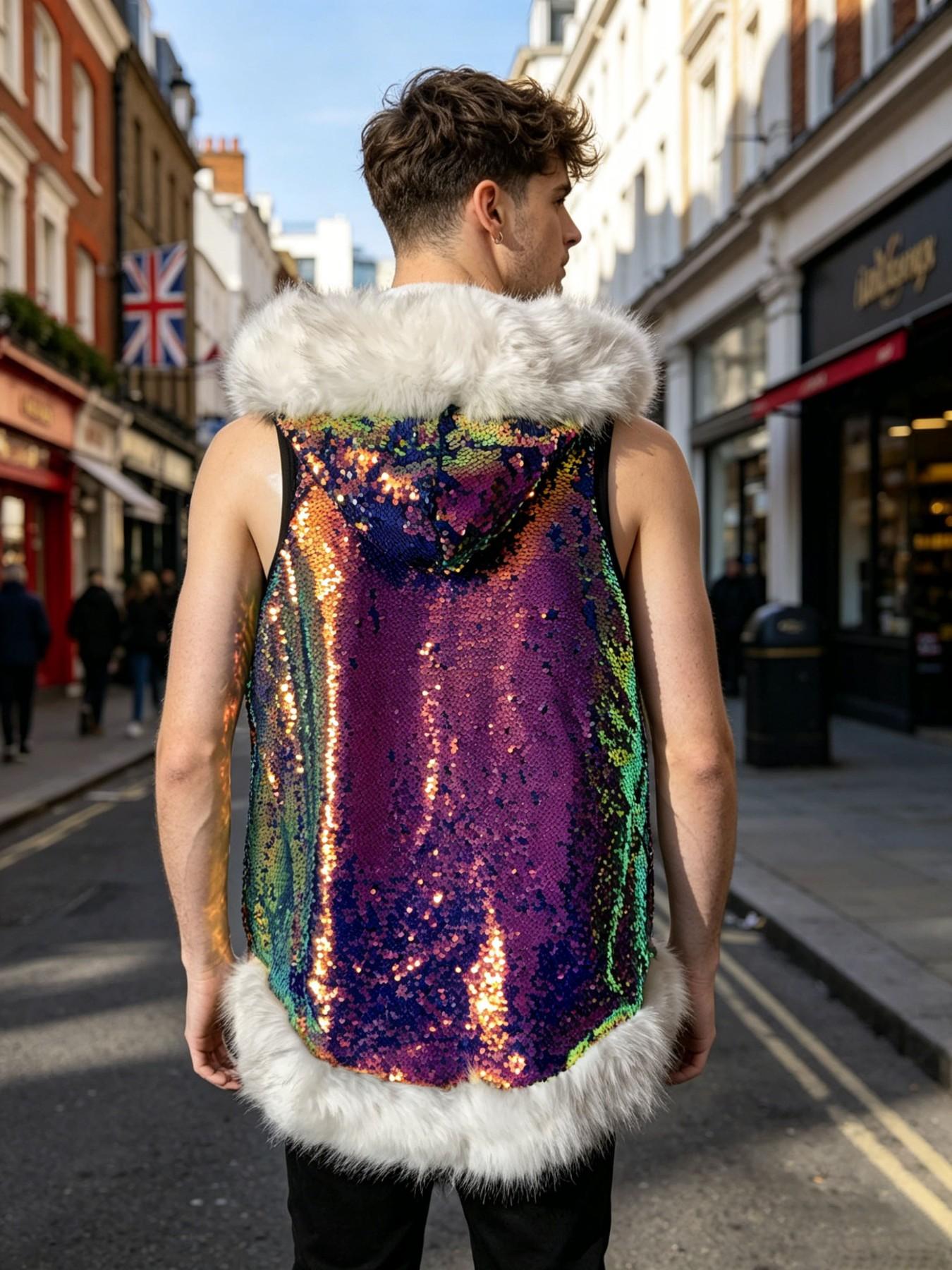 Men's LED Glowing Fake Fur Hooded Vest, Long Sleeveless Jacket, Trendy Party, Versatile Streetwear, Winter Fashion