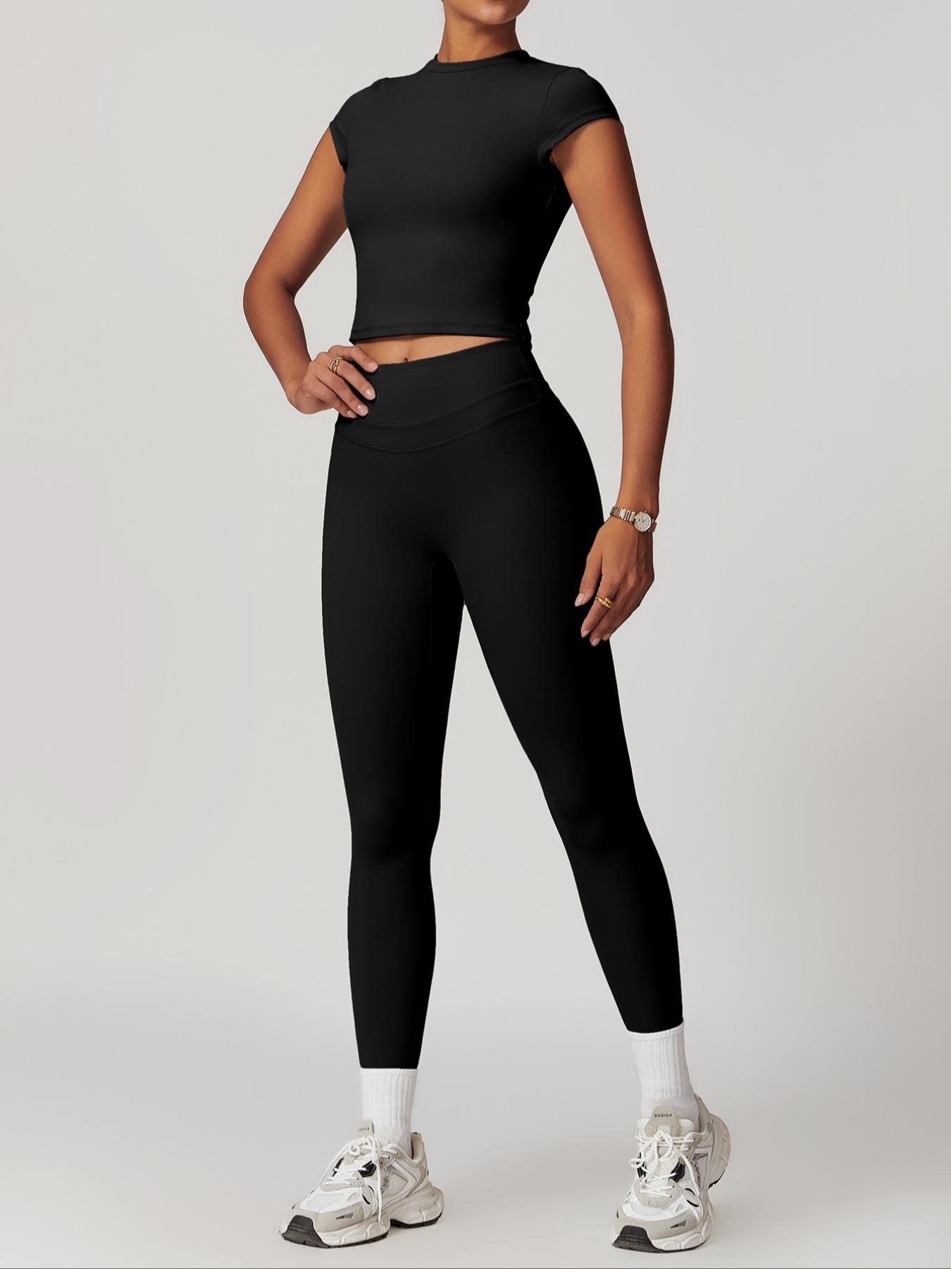 Women's Sportswear Two-Piece Set, Autumn Outdoor Fitness Running Top & High-Waisted Pants, Solid Color Short Sleeve Yoga, Yoga Tracksuit Set