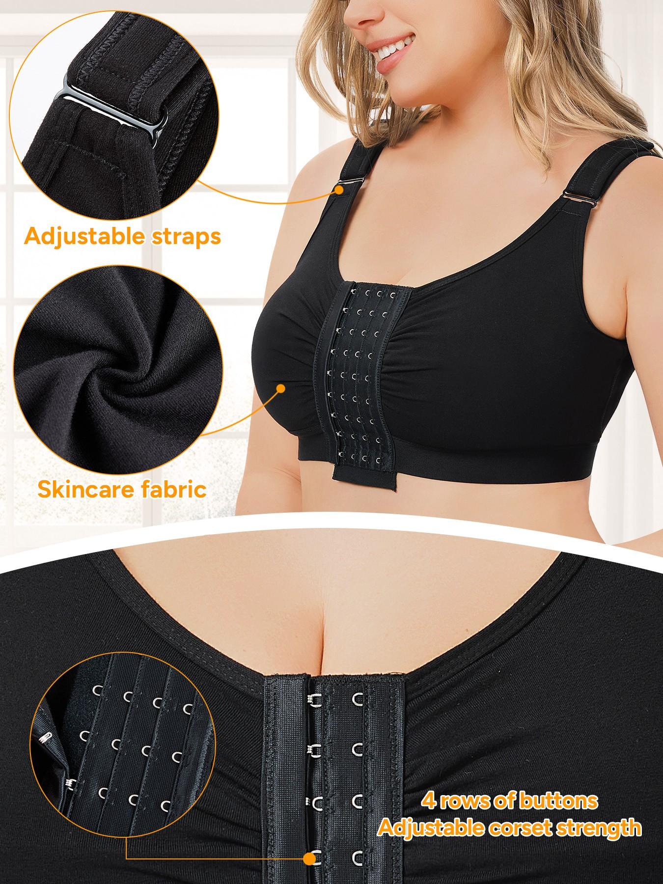 Women's Pressure Underwear Four-Row Buckle Easy On/off Supportive Bra Seamless Comfort Cups Post-Surgery Recovery Wide Shoulder Straps Breathable
