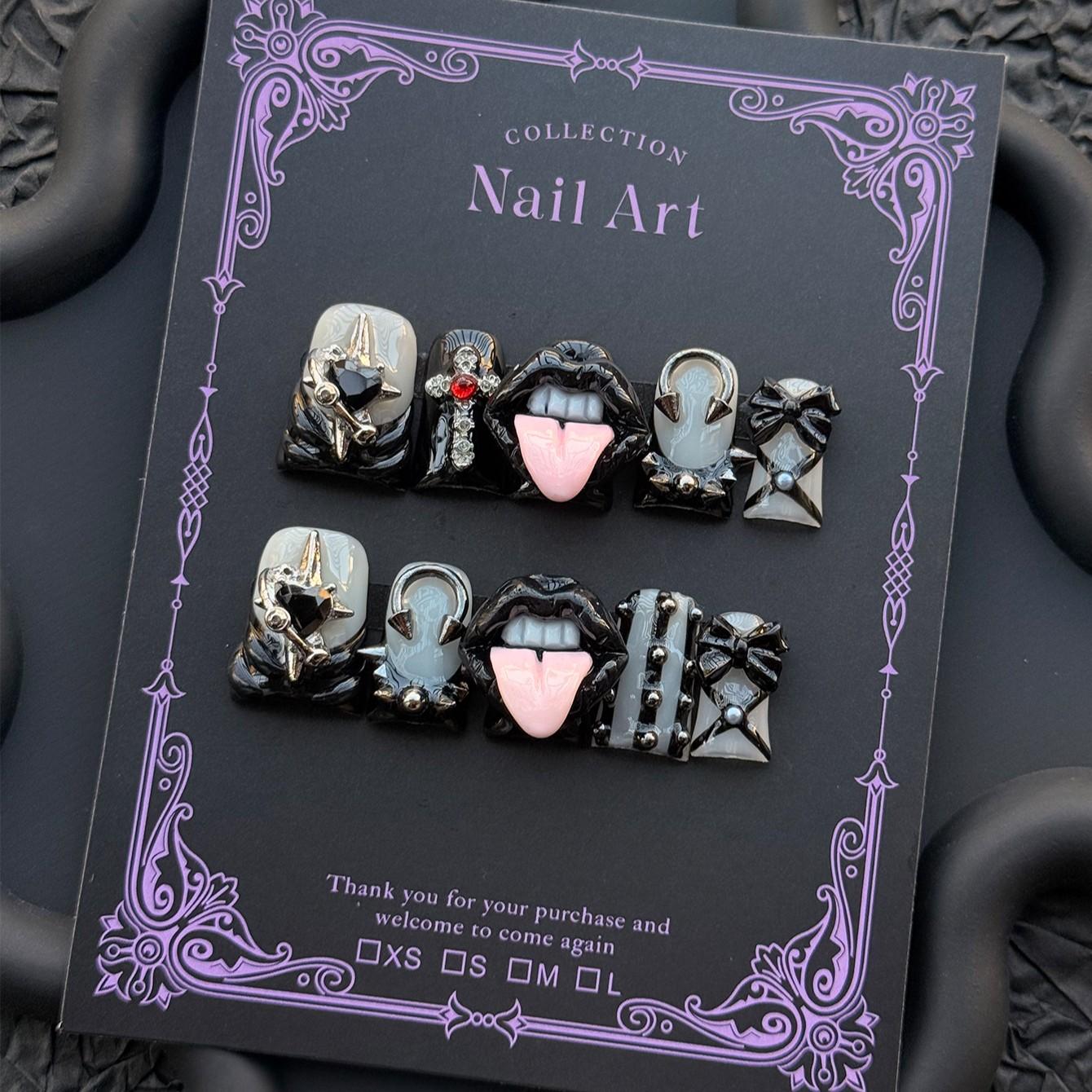 Y2K 10pc handmade press on nails Dark Gothic Rock style Prank-like black lips medium-length duckbill-shaped nail stickers, handmade, black French nail decorations with stud details. Suitable for women and girls, perfect for daily wear, attending concerts,